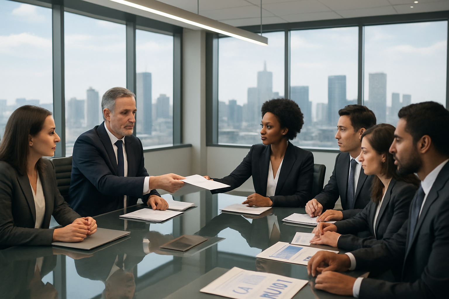 Create a realistic image of a modern corporate boardroom with a large glass conference table where diverse business executives are engaged in a strategic meeting, featuring a white male CEO passing documents to a black female executive who appears to be taking on a leadership role, with other professionals of various backgrounds seated around the table reviewing charts and business plans, floor-to-ceiling windows showing a city skyline in the background, clean contemporary lighting, professional atmosphere with laptops, tablets, and strategic planning materials scattered on the table, absolutely NO text should be in the scene.