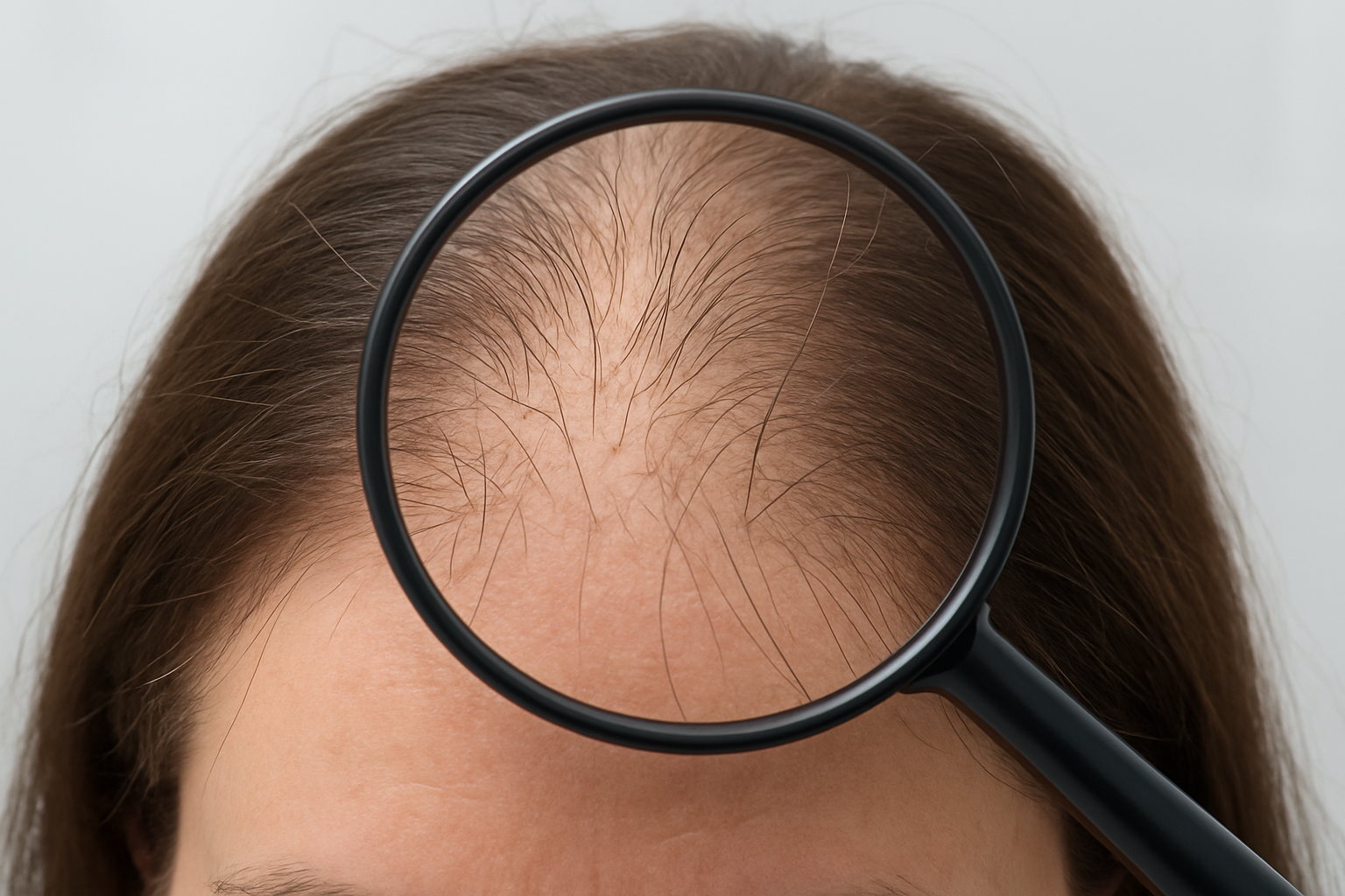 Create a realistic image of a close-up view of human scalp and hair roots showing different hair conditions, with some hair strands appearing healthy and thick while others look thin and weak, alongside a magnifying glass examining the scalp area, set against a clean medical or clinical background with soft, even lighting that clearly shows hair follicles and scalp texture, maintaining a professional and educational mood. Absolutely NO text should be in the scene.