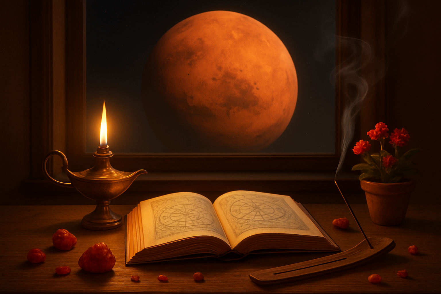 செவ்வாய் Create a realistic image of a serene meditation space with Mars planet visible through a large window in the background, featuring a wooden desk with an open astrology book, traditional brass oil lamp, red coral gemstone, and small potted red flowers, warm golden lighting creating peaceful ambiance, symbolic red and orange elements scattered thoughtfully around the scene representing Mars energy, incense smoke gently rising in the air, creating a harmonious blend of spiritual wisdom and cosmic connection, absolutely NO text should be in the scene.