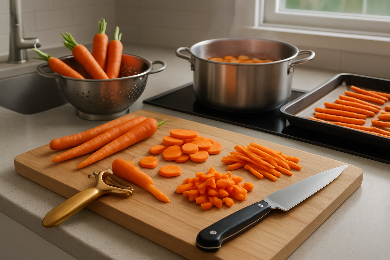 Create a realistic image of a kitchen counter scene showing various carrot preparation methods including whole fresh carrots, sliced carrot rounds, julienned carrot strips, and diced carrot pieces arranged on a wooden cutting board, with a sharp chef's knife nearby, some carrots being peeled with a vegetable peeler, a few carrots in a colander being washed, and cooking preparations like carrots in a steaming pot and others ready for roasting on a baking sheet, all set against a clean modern kitchen background with natural lighting from a window, absolutely NO text should be in the scene.