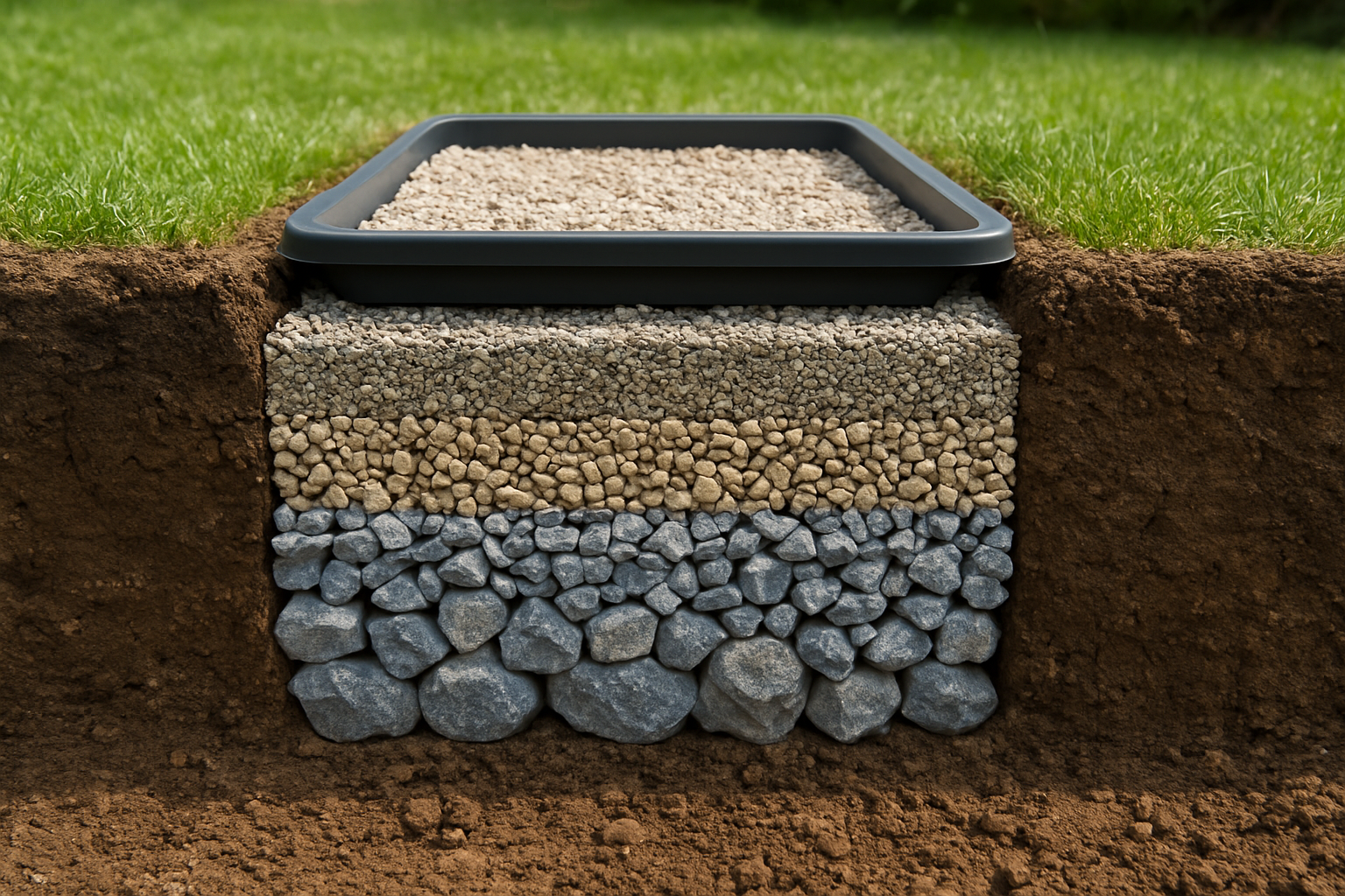 Create a realistic image of a cross-section view of a dog potty area drainage system showing multiple distinct gravel layers of different sizes, with coarse gravel at the bottom transitioning to medium and fine gravel layers above, clearly displaying the layered structure and drainage functionality, set against a clean outdoor background with natural lighting, focusing on the technical construction details of the gravel foundation system. Absolutely NO text should be in the scene.