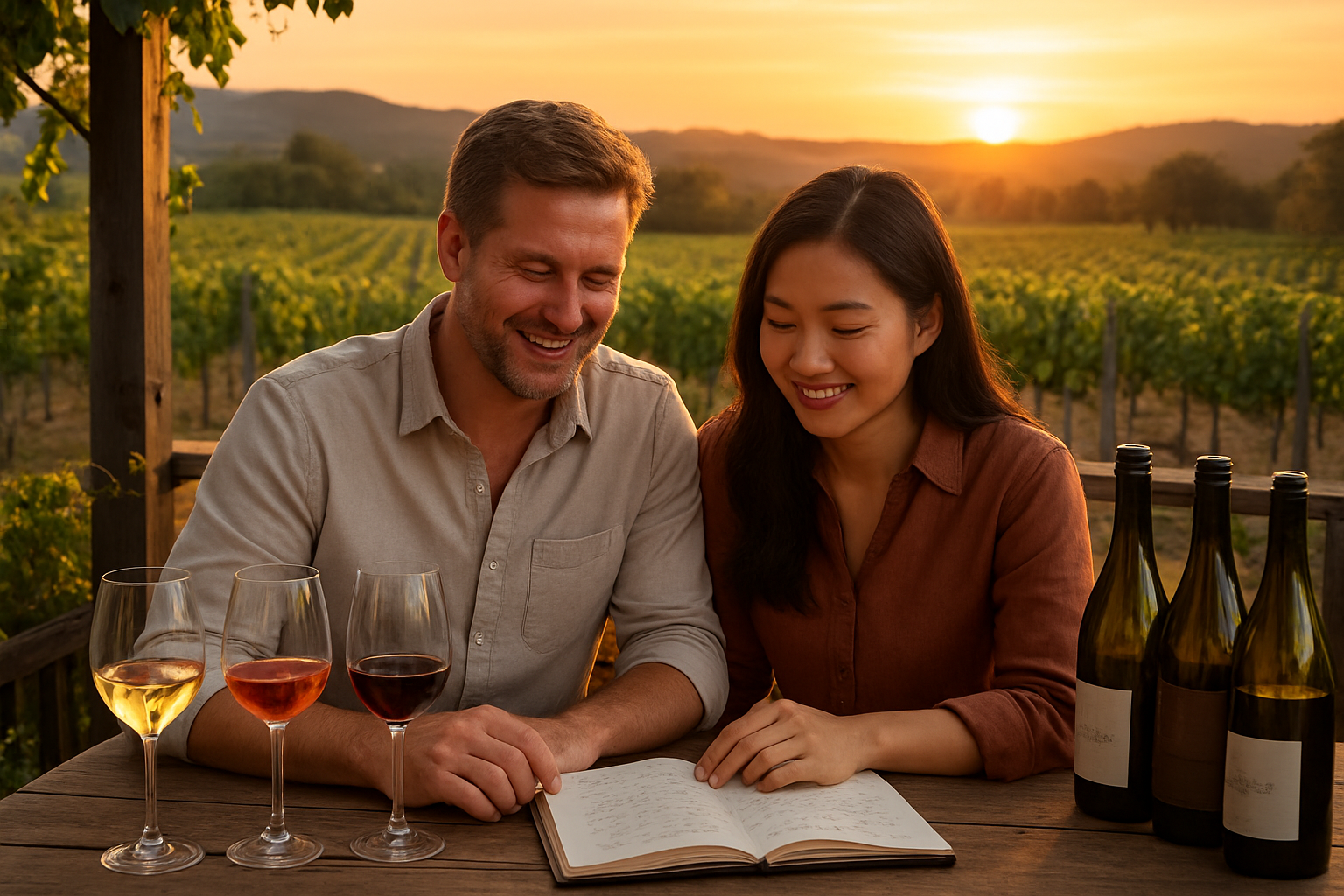Create a realistic image of a successful wine tasting trip conclusion scene featuring a white male and Asian female couple sitting at an outdoor vineyard terrace table during golden hour sunset, with multiple wine glasses containing different colored wines, a wine journal with handwritten notes, a small collection of wine bottles from different wineries, vineyard rows stretching into the background with rolling hills, warm golden lighting creating a satisfied and accomplished mood as they review their wine tasting experiences, with grape vines and rustic wooden elements visible in the scene, absolutely NO text should be in the scene.
