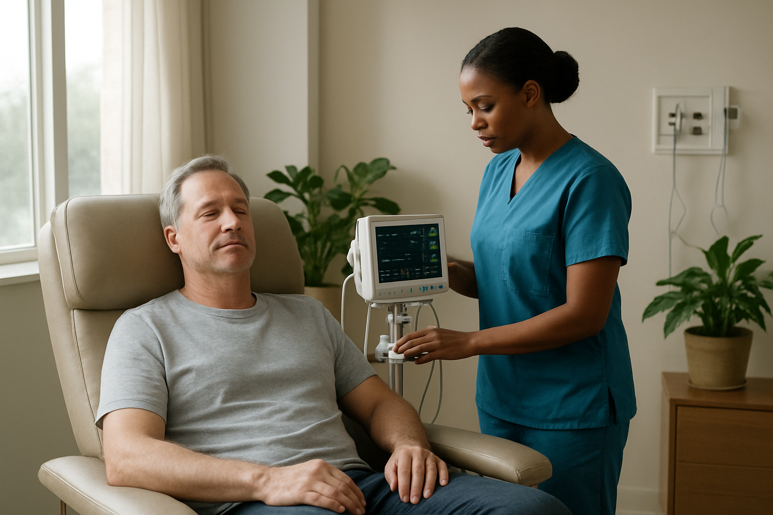 Create a realistic image of a peaceful medical treatment room with a comfortable reclining chair where a middle-aged white male patient is resting with eyes closed, appearing calm and relaxed, while a professional black female healthcare provider in scrubs is monitoring vital signs on a nearby medical device, with soft natural lighting streaming through a window, medical monitoring equipment visible in the background, and potted plants adding a serene therapeutic atmosphere to represent healing and recovery, absolutely NO text should be in the scene.