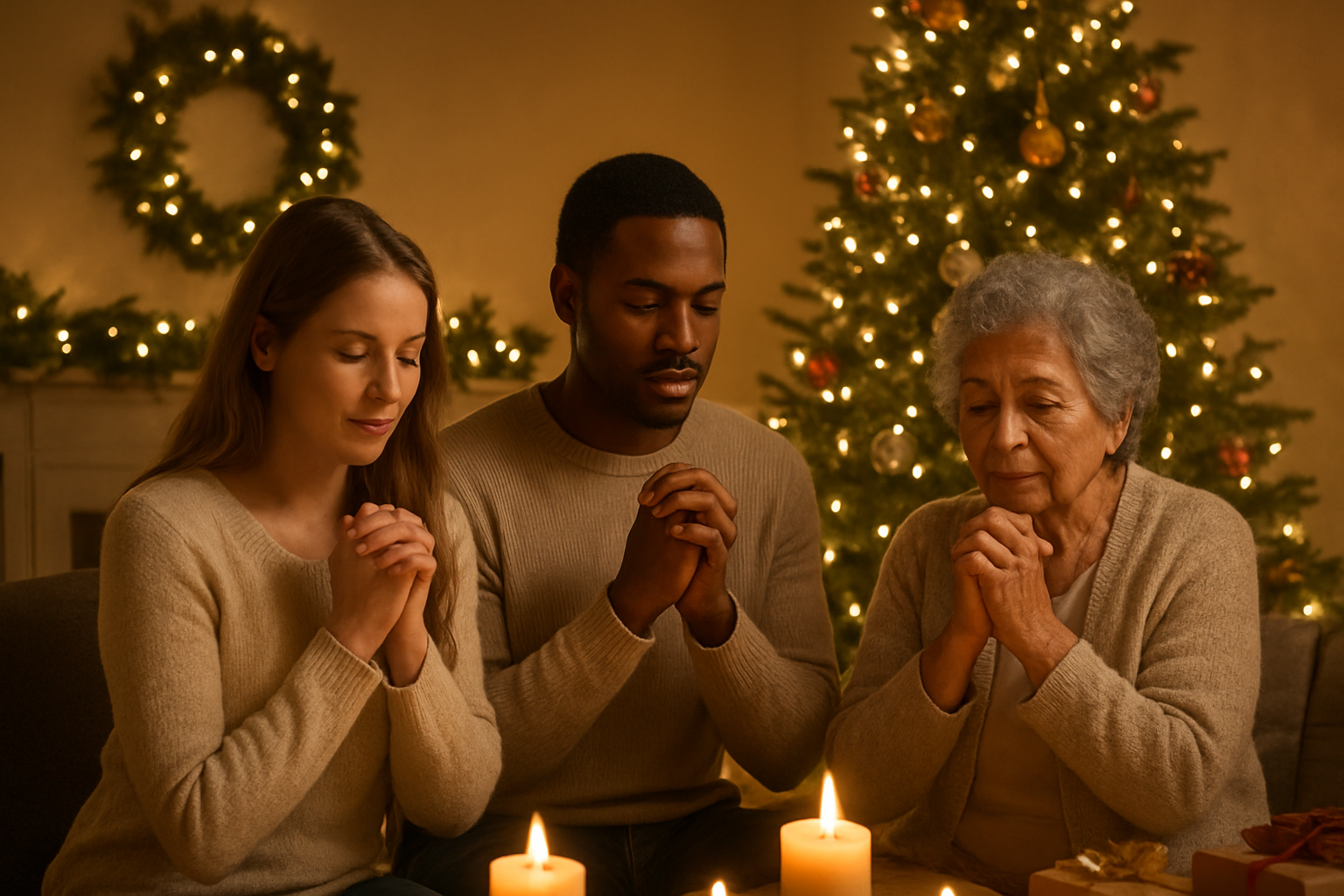 Create a realistic image of a warm, peaceful indoor scene featuring a diverse group including a white female, black male, and Hispanic elderly woman gathered around a beautifully decorated Christmas tree, with soft golden lighting from candles and string lights creating a serene atmosphere, showing people in prayer or quiet reflection with their hands gently clasped, surrounded by tasteful Christmas decorations like garland and ornaments, with wrapped gifts visible but not prominent, emphasizing the spiritual and contemplative mood of the celebration, shot from a medium distance to capture the intimate gathering and the warm glow throughout the cozy living room setting. Absolutely NO text should be in the scene.