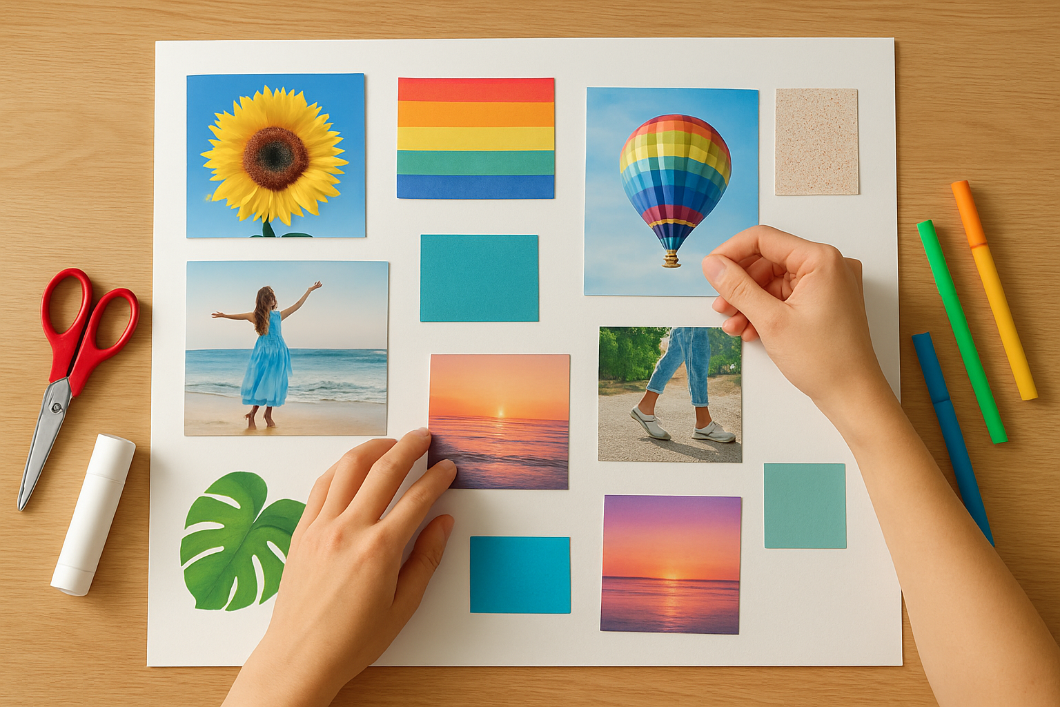 Create a realistic image of hands arranging various colorful magazine cutouts, printed photos, and inspirational images on a large white poster board or cork board, showing the process of designing a vision board layout with scattered craft supplies like scissors, glue stick, and colorful markers nearby on a clean wooden desk surface, captured from above in bright natural lighting with a creative and organized mood, absolutely NO text should be in the scene.