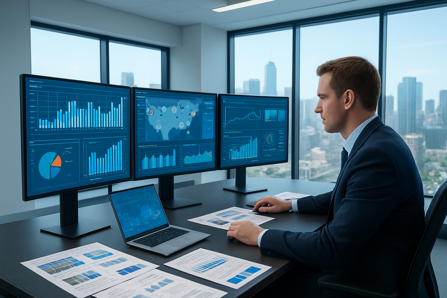 Create a realistic image of a modern office setting showing AI-enhanced real estate market analysis with multiple computer monitors displaying colorful data visualizations, property market graphs, real estate analytics dashboards, and interactive maps with property locations, a sleek desk with a laptop showing predictive market trends, scattered real estate documents and reports, a white male professional in business attire analyzing data on screens, large windows showing city skyline in the background, clean contemporary office lighting, professional atmosphere with blue and white color scheme dominating the digital displays, absolutely NO text should be in the scene.