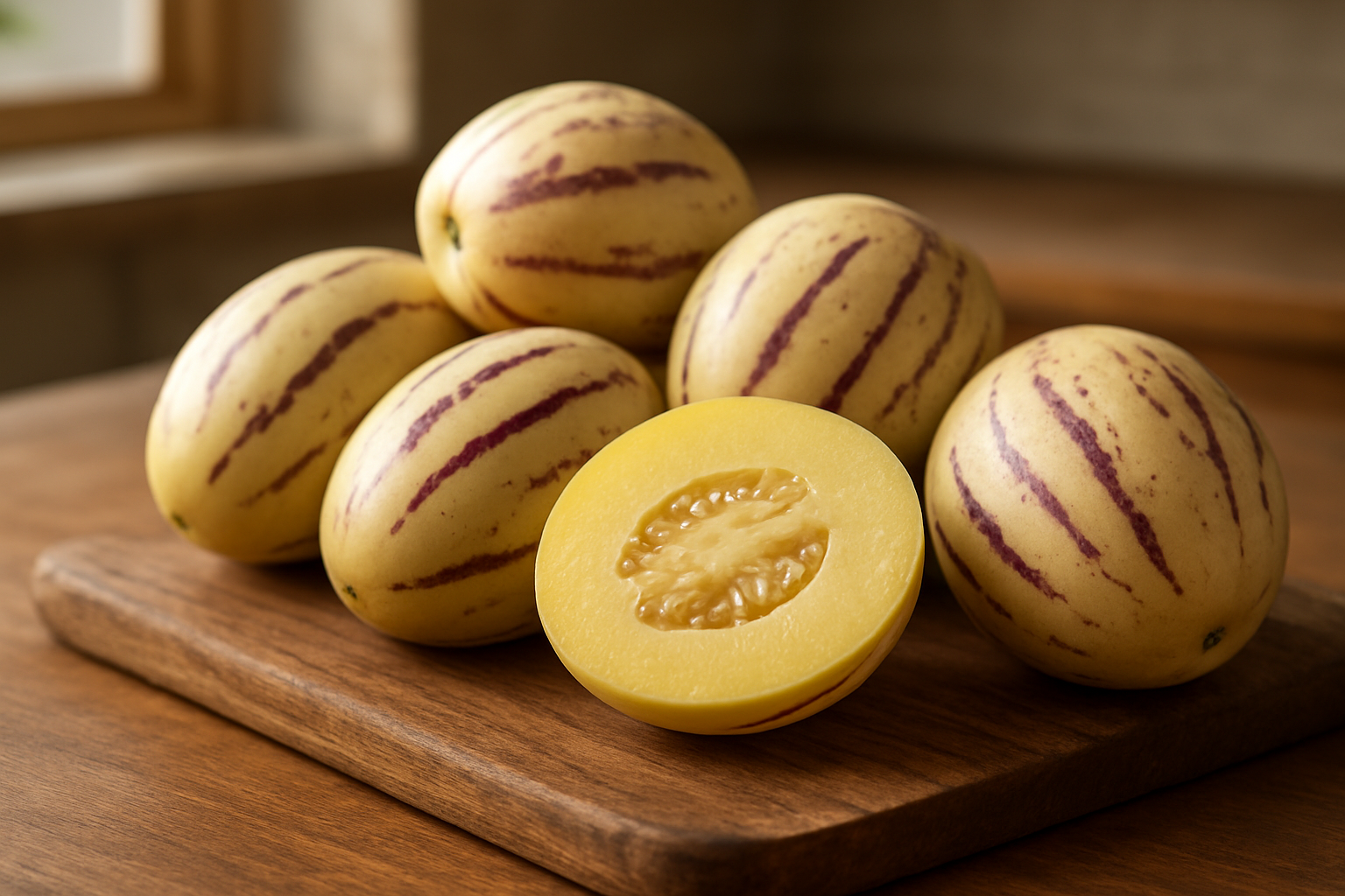Create a realistic image of fresh pepino melons arranged on a rustic wooden cutting board with one melon cut in half showing the pale yellow flesh with small seeds in the center, surrounded by whole pepinos displaying their characteristic cream-colored skin with purple stripes, set against a warm kitchen countertop background with soft natural lighting from a nearby window, creating an inviting and appetizing scene that showcases the unique appearance and culinary potential of these exotic fruits. Absolutely NO text should be in the scene.