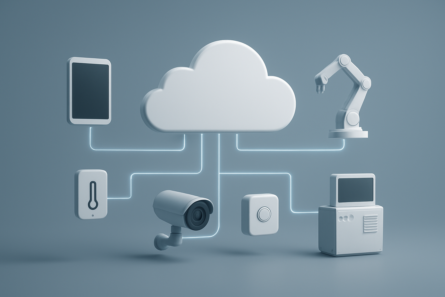Create a realistic image of a modern digital technology concept illustration showing AWS IoT Core fundamentals with interconnected smart devices including sensors, smartphones, and industrial equipment floating in a clean, organized arrangement against a soft blue-gray gradient background, with subtle glowing connection lines linking the devices to represent data flow and connectivity, featuring a minimalist tech aesthetic with soft ambient lighting that emphasizes the cloud computing architecture concept, absolutely NO text should be in the scene.