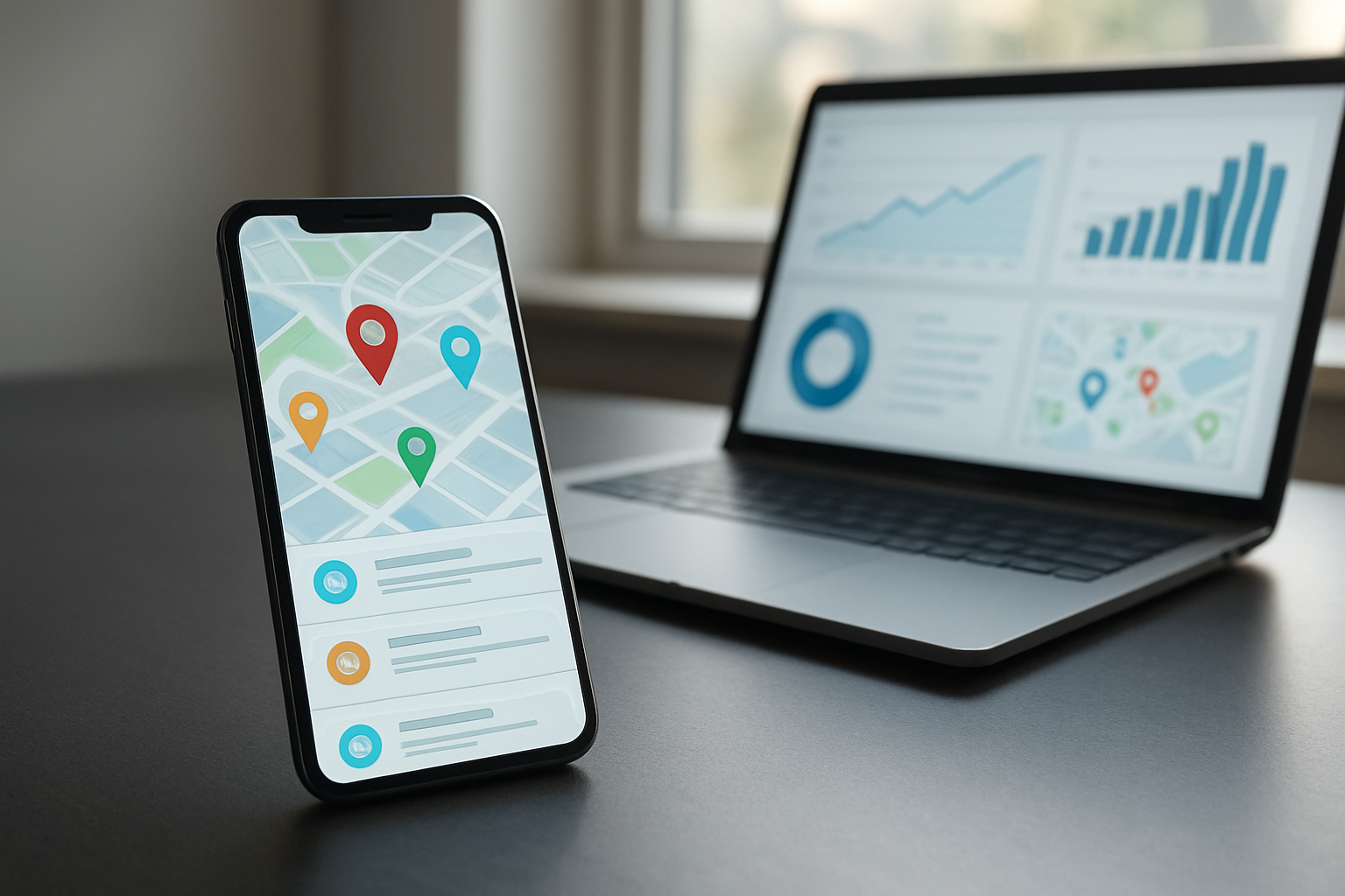 Create a realistic image of a modern smartphone displaying a colorful digital map with multiple location pins and AI-generated local business suggestions, placed on a sleek office desk next to a laptop computer showing analytics dashboards and location data visualizations, with soft natural lighting coming through a window in the background, creating a professional digital marketing workspace atmosphere that conveys technological advancement and local search optimization strategies, absolutely NO text should be in the scene.