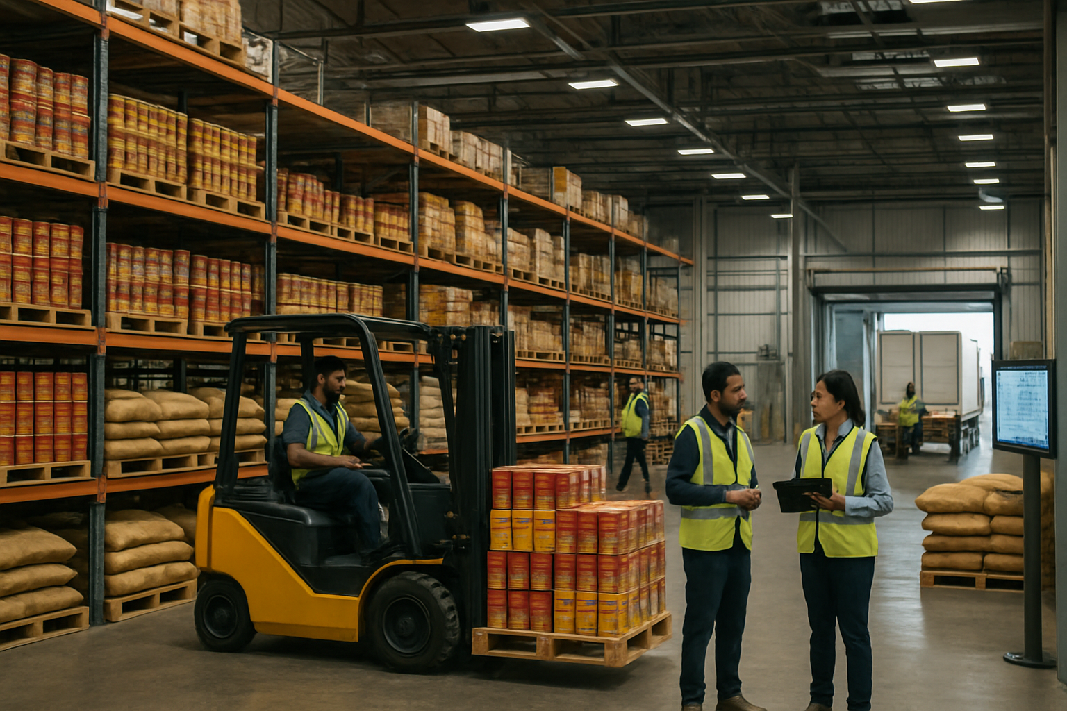 Create a realistic image of a modern warehouse facility with organized rows of premium Indian spice containers and sacks, featuring efficient logistics operations with forklifts moving pallets of colorful spice packages, loading docks with trucks being loaded with spice shipments, diverse workers including South Asian male and female warehouse staff coordinating operations, clean industrial lighting illuminating the organized storage areas, digital inventory management systems visible on screens, and a professional atmosphere conveying reliability and efficiency in the spice supply chain operations. Absolutely NO text should be in the scene.