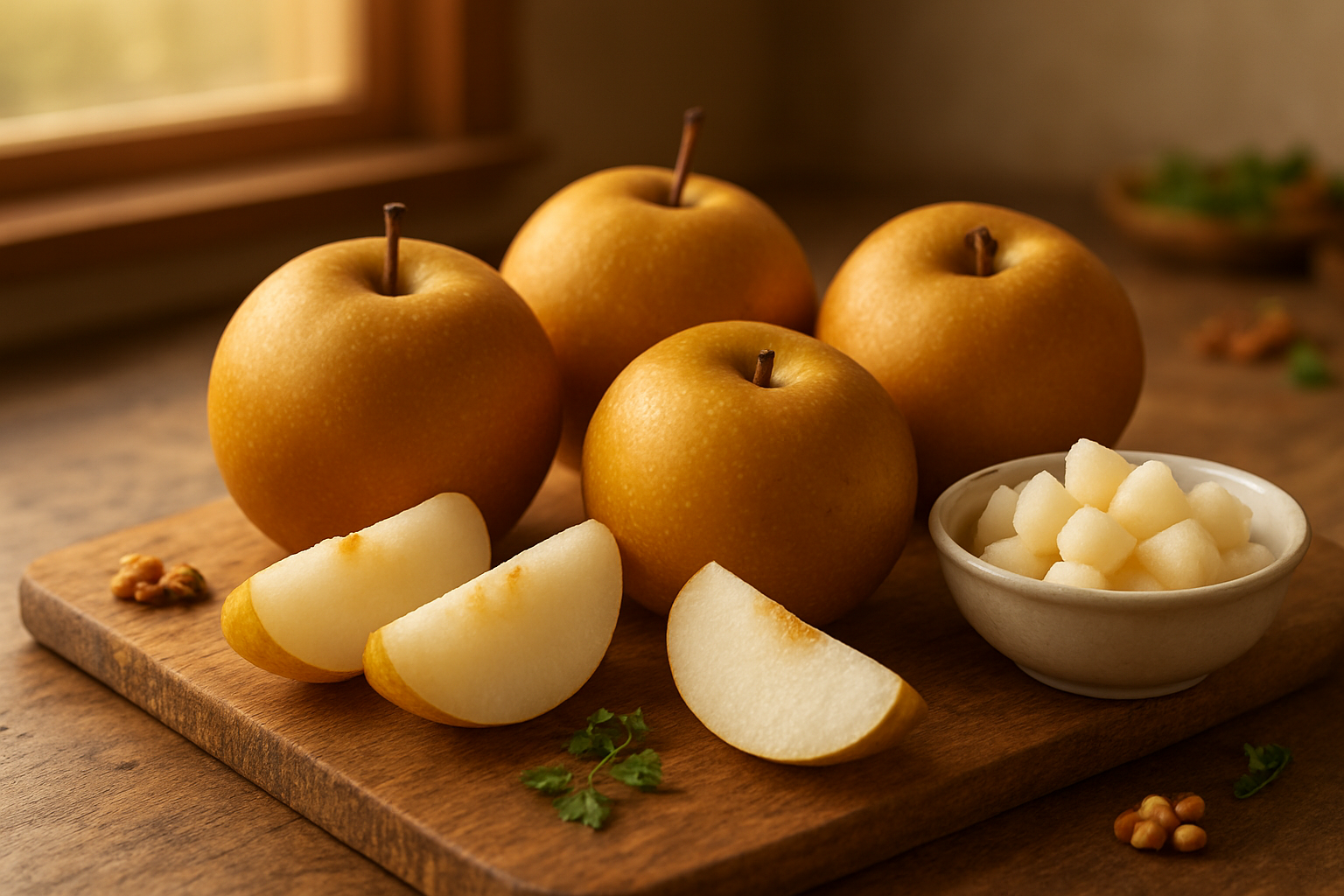 Create a realistic image of fresh nashi pears arranged on a rustic wooden cutting board with some sliced pieces showing the crisp white flesh, alongside a small bowl of diced nashi pear pieces, set against a warm kitchen counter background with soft natural lighting from a nearby window, creating an inviting culinary atmosphere that showcases the fruit's versatility and appeal, with subtle hints of other fresh ingredients like herbs or nuts scattered nearby to suggest cooking preparation, all captured in warm golden hour lighting that emphasizes the pears' golden-brown skin texture and juicy appearance, absolutely NO text should be in the scene.
