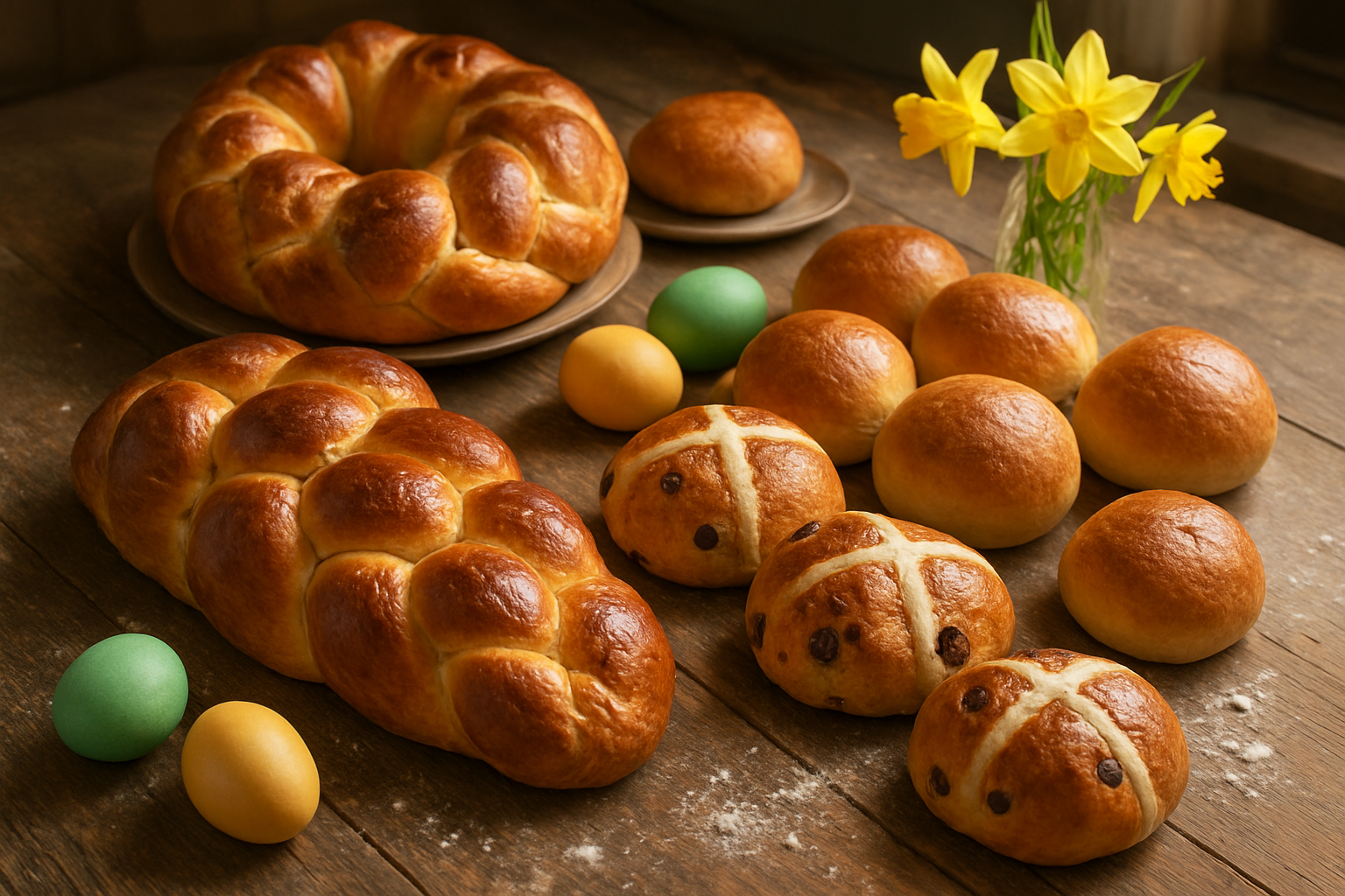 Create a realistic image of traditional Easter breads and baked goods displayed on a rustic wooden table, featuring braided challah-style bread, hot cross buns with visible currants, decorative Easter bread rings, and freshly baked dinner rolls, all with golden-brown crusts and artisanal textures, accompanied by scattered flour dusting, a few colorful Easter eggs, fresh spring flowers like daffodils, warm natural lighting streaming from a window creating soft shadows, conveying a cozy homemade bakery atmosphere that celebrates Easter baking traditions, absolutely NO text should be in the scene.