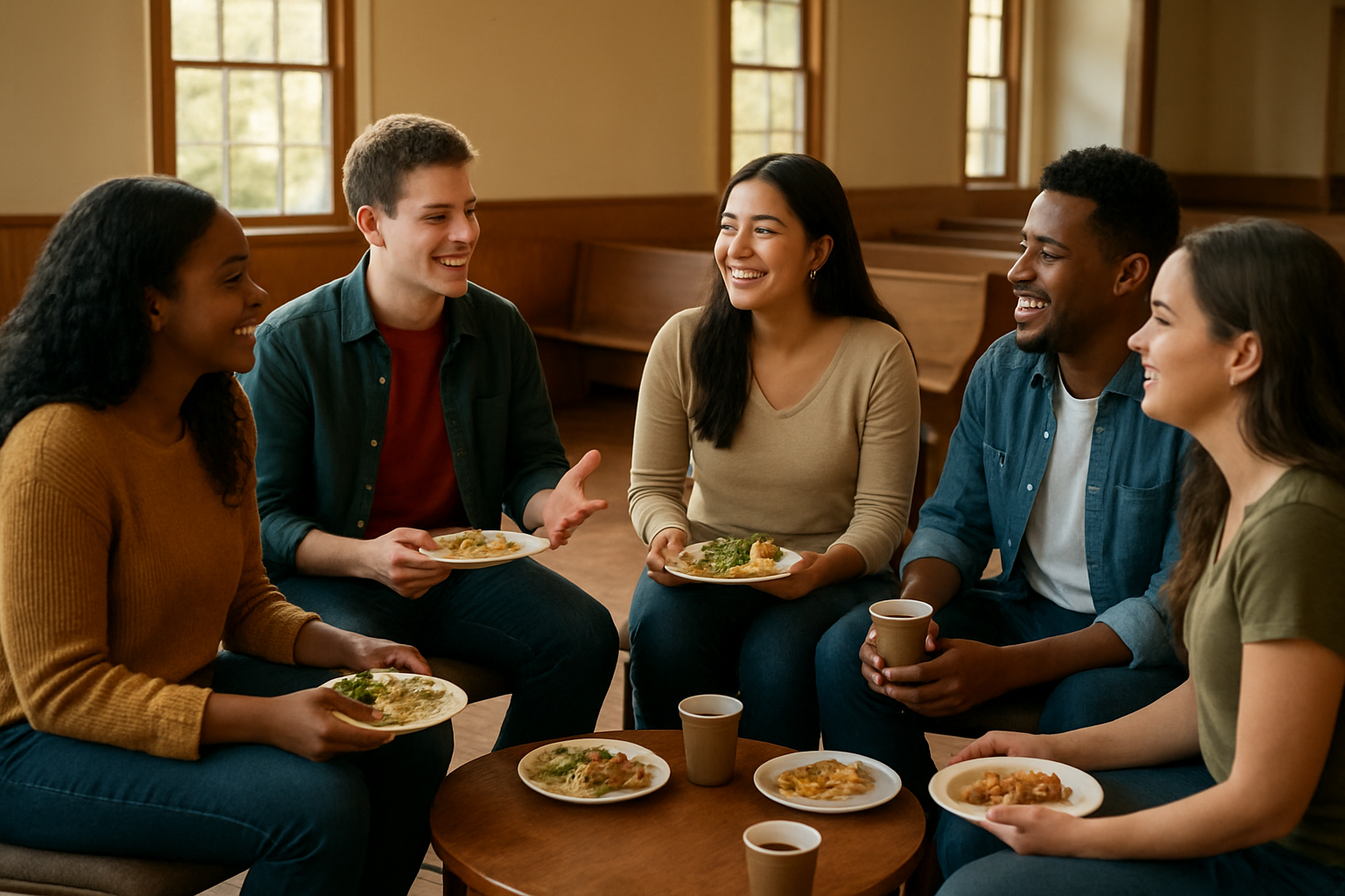 Create a realistic image of a diverse group of young adults aged 18-25 including white, black, and Hispanic males and females sitting in a cozy circle inside a warm, well-lit community center or church fellowship hall, engaged in animated conversation and sharing a meal together, with soft natural lighting streaming through windows, wooden tables with simple food and drinks, comfortable seating arrangements, and a welcoming atmosphere that emphasizes connection and fellowship, absolutely NO text should be in the scene.