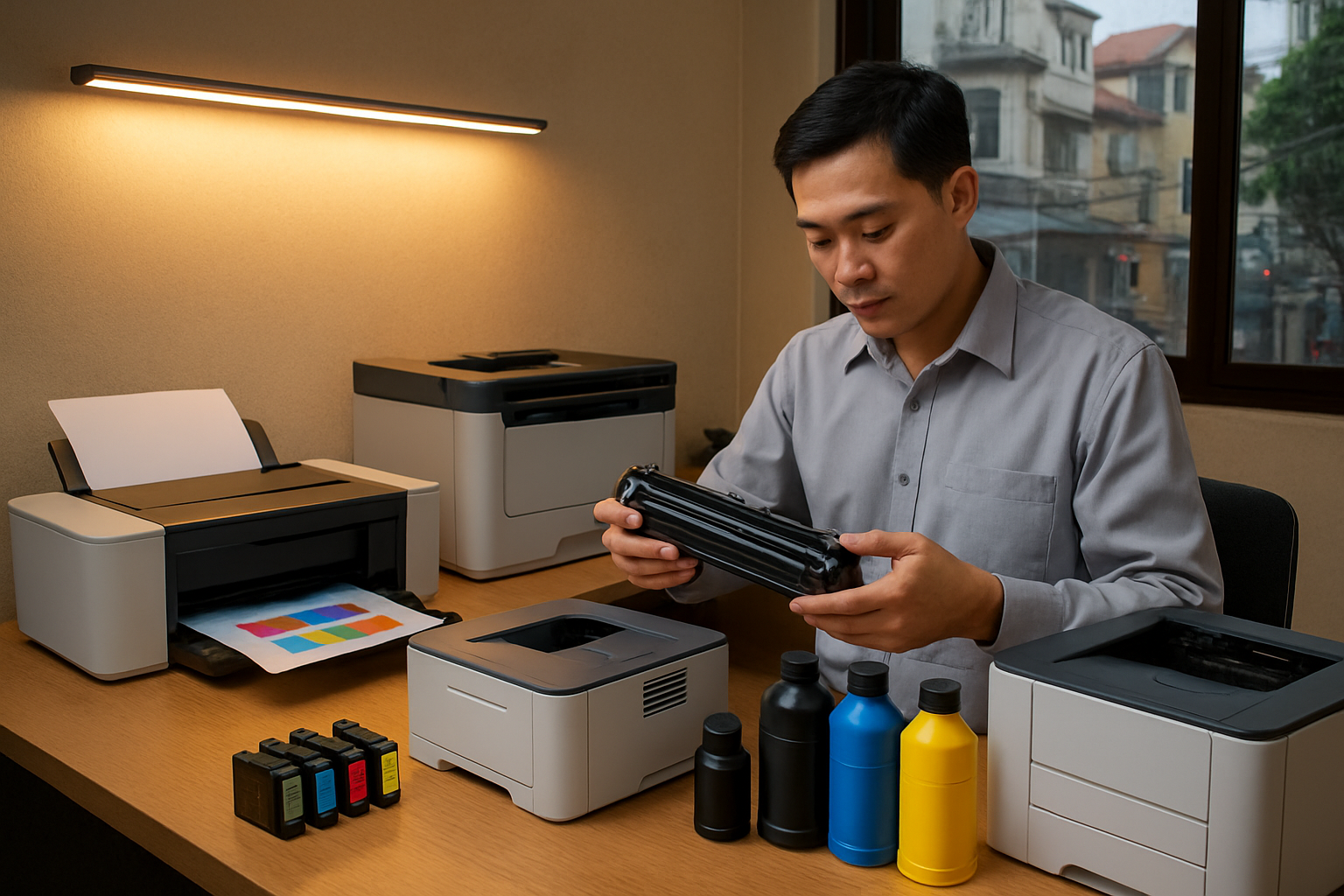 Create a realistic image of a professional printer service workspace in an urban Vietnamese setting, featuring a clean desk with multiple modern printers including inkjet and laser models, fresh ink cartridges and toner containers neatly arranged, printed test pages showing vibrant colors, a Vietnamese male technician in his 30s wearing a clean work shirt carefully handling printer components, warm LED lighting illuminating the organized workspace, with subtle hints of Hanoi's urban environment visible through a window in the background, conveying professionalism and quality service, absolutely NO text should be in the scene.