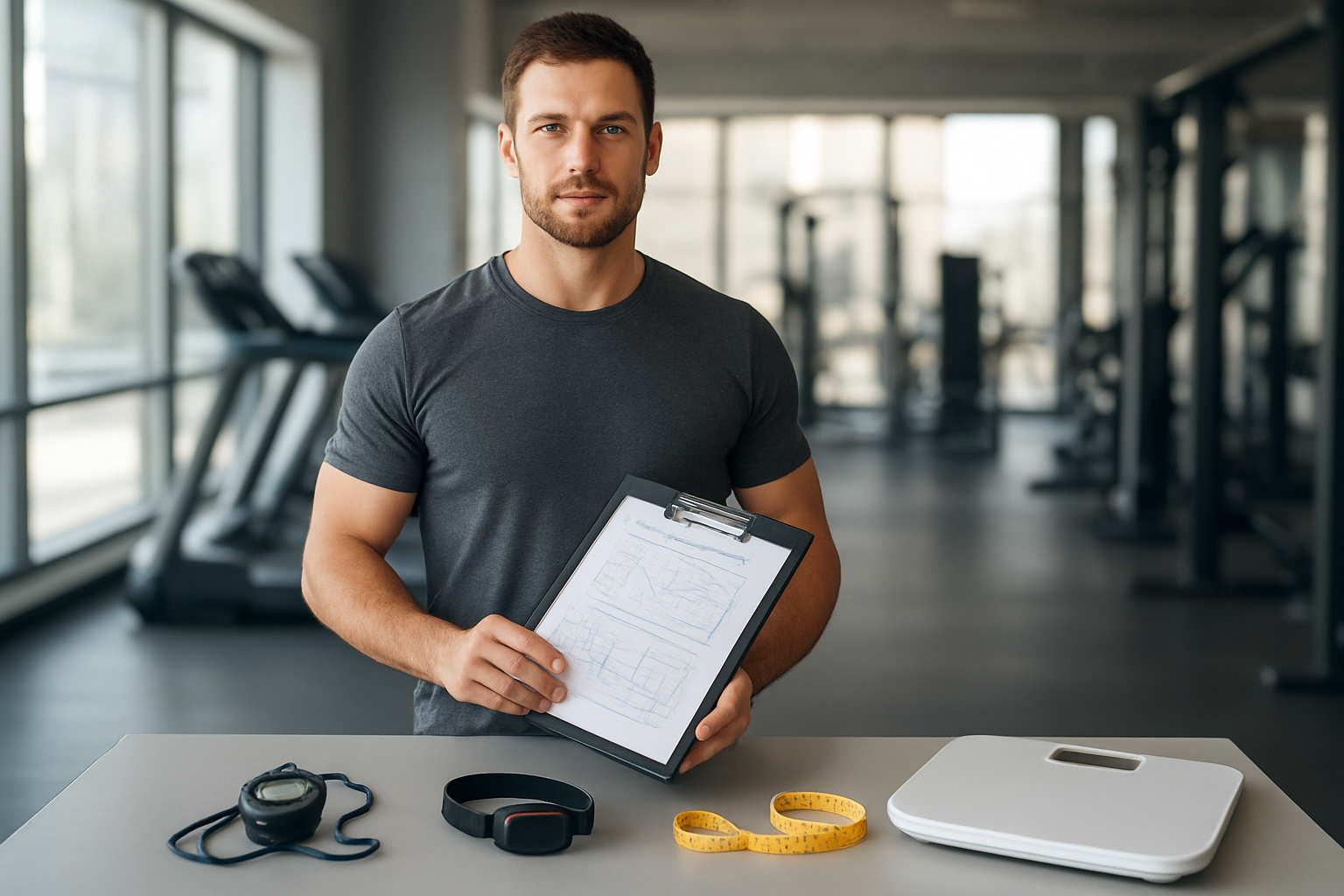 Create a realistic image of a white male athlete in his 30s standing in a modern gym setting, wearing athletic clothing and holding a clipboard with fitness assessment charts, surrounded by various fitness testing equipment including a stopwatch, heart rate monitor, measuring tape, and weight scale, with exercise machines visible in the blurred background, bright natural lighting streaming through large windows creating a motivational and professional atmosphere, absolutely NO text should be in the scene.