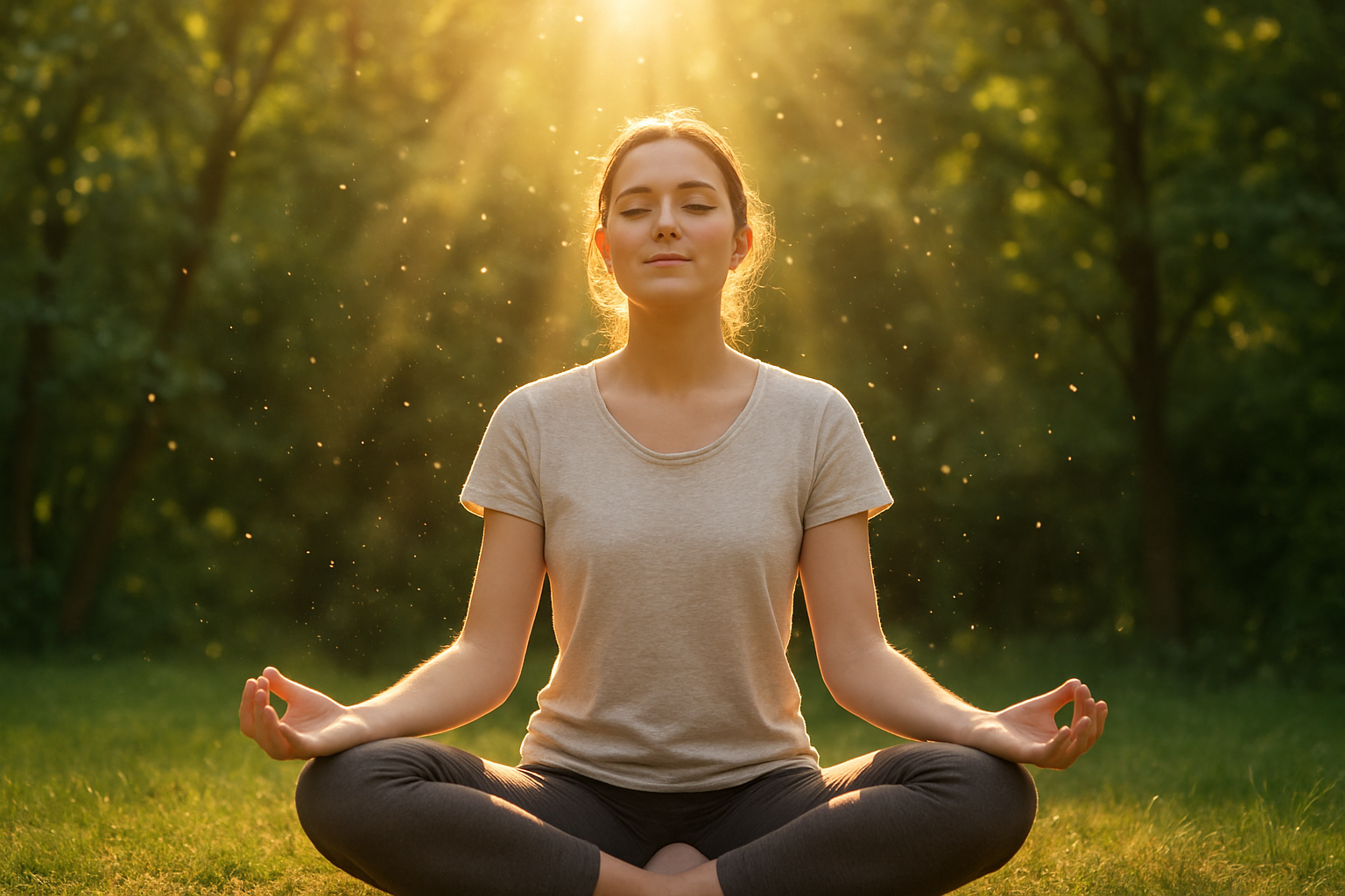 Create a realistic image of a person sitting in a peaceful meditation pose outdoors, a white female with a serene expression, hands resting gently on her knees with palms open facing upward, surrounded by soft golden light radiating from above, with lush green nature in the background including trees and gentle sunlight filtering through the leaves, the scene conveys deep inner peace and positive energy with subtle glowing particles of light floating around her symbolizing aligned intentions and spiritual energy, warm and uplifting lighting with a tranquil ethereal atmosphere. Absolutely NO text should be in the scene.