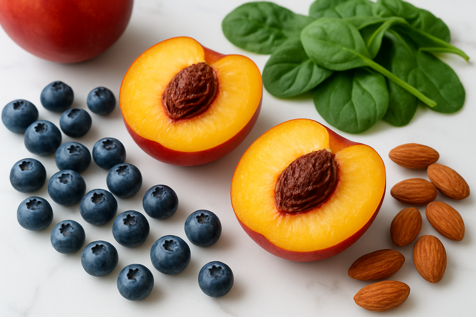 Create a realistic image of fresh nectarines cut in half displaying their juicy orange flesh and dark pit, arranged alongside colorful fruits and vegetables like blueberries, spinach leaves, and almonds on a clean white marble surface, with soft natural lighting from above creating gentle shadows, representing the nutritional diversity and health benefits of nectarines as a superfruit, absolutely NO text should be in the scene.