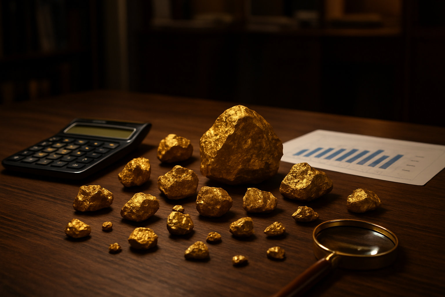 Create a realistic image of gold nuggets of various sizes arranged on a dark wooden table with a digital calculator, investment charts, and price evaluation tools nearby, featuring warm golden lighting that highlights the metallic shine of the nuggets, with a professional office or appraisal shop background that conveys financial assessment and investment planning, absolutely NO text should be in the scene.