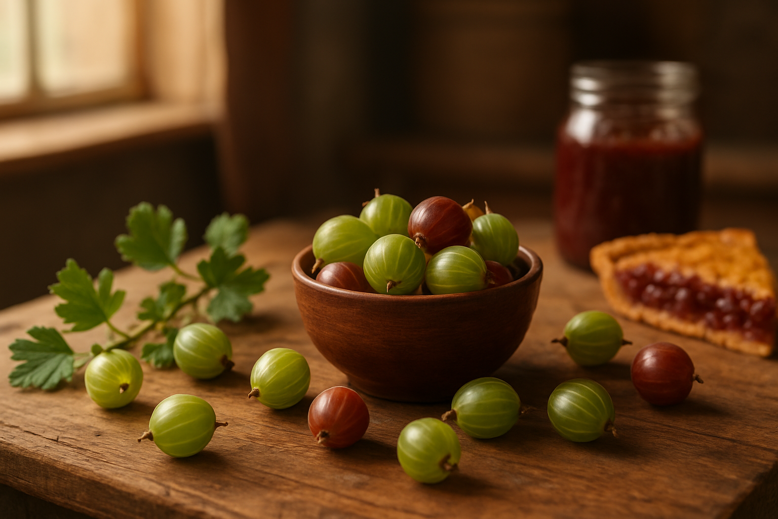 Create a realistic image of a rustic wooden table displaying fresh gooseberries in various stages and forms: whole ripe green and red gooseberries scattered naturally, a small wooden bowl filled with mixed gooseberry varieties, a few gooseberry branches with leaves, and a slice of gooseberry pie or jam jar in the background, set in a warm kitchen environment with soft natural lighting streaming through a window, creating gentle shadows and highlighting the translucent quality of the berries, with a cozy farmhouse aesthetic and earth-tone color palette. Absolutely NO text should be in the scene.