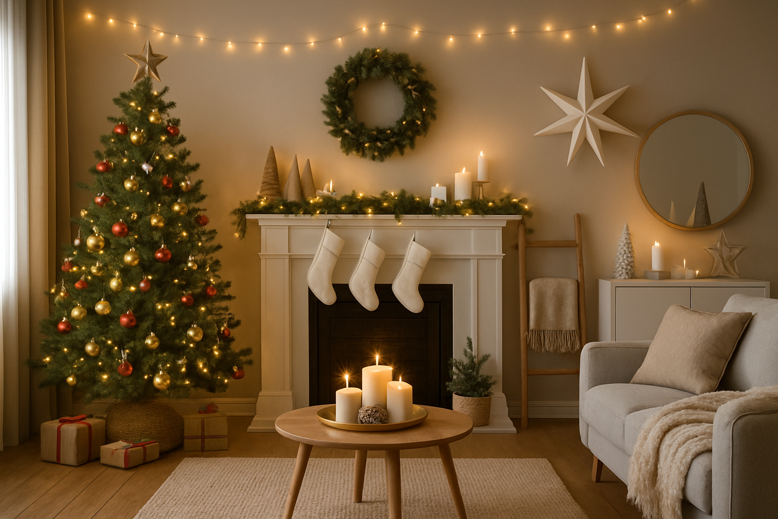 Create a realistic image of a beautifully decorated living room showcasing multiple Christmas decor styles blended harmoniously, featuring a traditional Christmas tree with classic red and gold ornaments on one side, modern minimalist white decorations on a sleek mantelpiece, rustic wooden elements and burlap accents, glamorous metallic gold and silver touches throughout, and Scandinavian-inspired natural wood and white elements, all set in a cozy home interior with warm ambient lighting from string lights and candles, creating a welcoming holiday atmosphere that demonstrates the transformation of a home through diverse Christmas decorating approaches, absolutely NO text should be in the scene.
