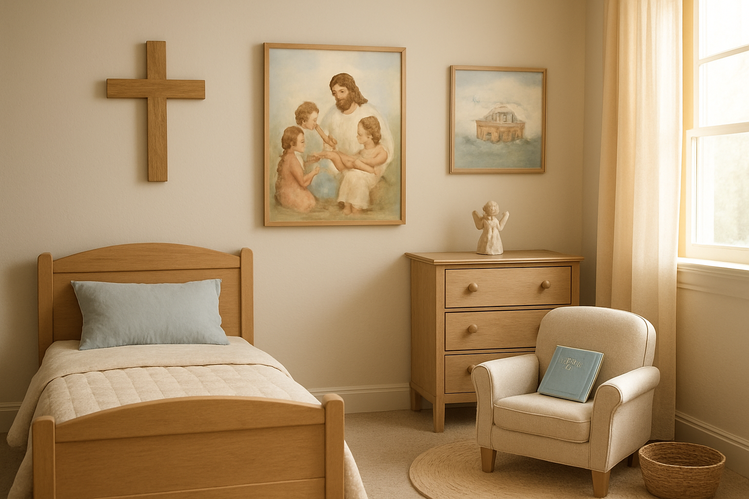 Create a realistic image of a peaceful toddler's bedroom featuring Christian-themed room decor including a wooden cross on the wall, a small angel figurine on a dresser, soft pastel-colored biblical artwork depicting Noah's ark or Jesus with children, a cozy reading corner with a small chair and children's Bible, warm natural lighting streaming through a window, gentle neutral colors like cream and soft blues, and a serene atmosphere that creates a sacred space suitable for young children, absolutely NO text should be in the scene.