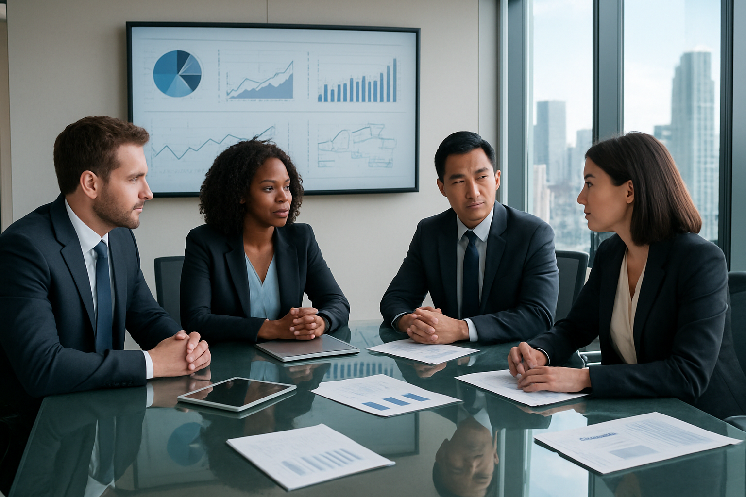 Create a realistic image of a modern corporate boardroom with a large glass conference table surrounded by diverse business executives including white male, black female, and Asian male professionals in business attire, with a large wall-mounted display showing analytical charts, graphs, and decision tree diagrams, complemented by laptops, tablets, and strategic planning documents spread across the polished table, set against floor-to-ceiling windows overlooking a city skyline, with bright natural lighting creating a professional and focused atmosphere for strategic decision-making, absolutely NO text should be in the scene.