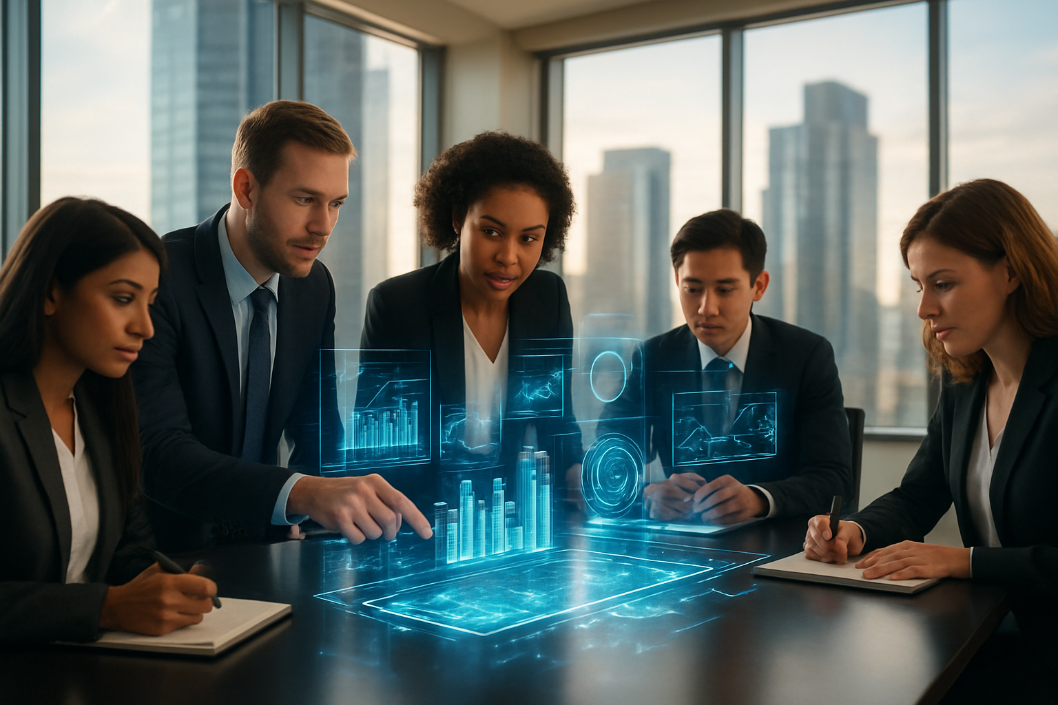 Create a realistic image of a diverse business team in a modern corporate boardroom with a white male executive and black female executive examining holographic data projections and futuristic technology displays floating above a sleek conference table, with other professionals of mixed ethnicities taking calculated notes, surrounded by floor-to-ceiling windows showing a city skyline, warm natural lighting creating an atmosphere of strategic planning and innovation, with visible elements like charts, graphs, and digital interfaces suggesting risk assessment and forward-thinking decision-making, absolutely NO text should be in the scene.
