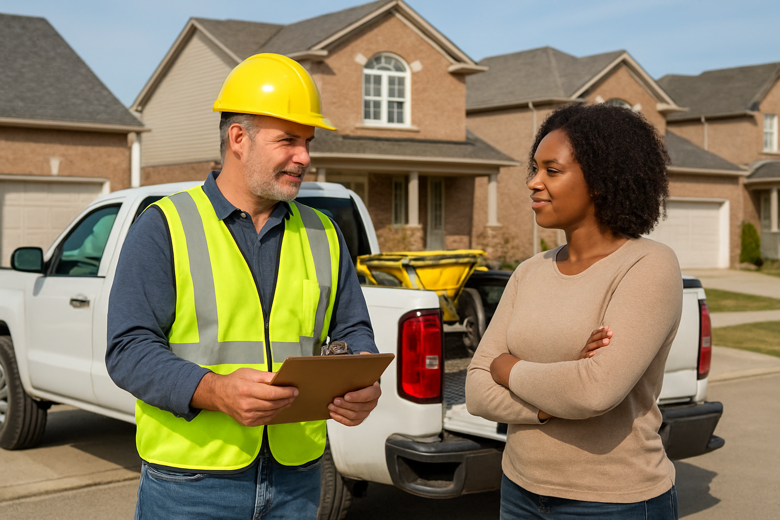 Create a realistic image of a middle-aged white male contractor in work clothes and safety vest standing next to a pickup truck with construction equipment, holding a clipboard and speaking with a black female homeowner in front of a suburban house with a concrete driveway in Markham, Ontario, with residential neighborhood houses visible in the background, bright daylight with natural lighting, professional consultation atmosphere, absolutely NO text should be in the scene.