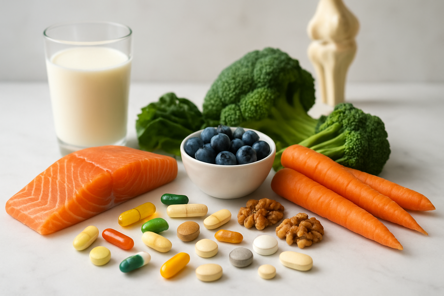 Create a realistic image of a beautifully arranged collection of essential nutrients and supplements on a clean white marble surface, featuring colorful capsules, tablets, and natural sources like fresh salmon fillet, leafy green vegetables, bright orange carrots, vibrant blueberries, walnuts, and a glass of milk, with soft natural lighting from the side creating gentle shadows, accompanied by subtle visual elements suggesting joint health like a subtle anatomical joint model in the background, all arranged in an organized, health-focused composition that conveys wellness and vitality, absolutely NO text should be in the scene.