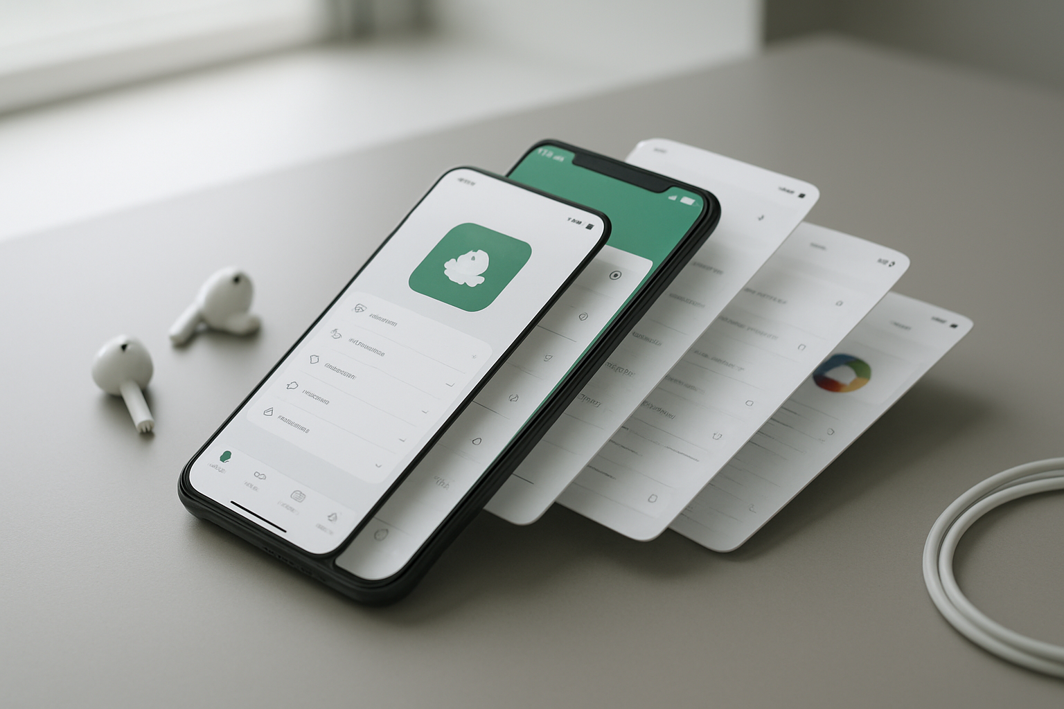 Create a realistic image of a smartphone displaying the Mint Mobile app interface with multiple app screens visible in a layered or cascading arrangement showing various hidden features and settings menus, placed on a modern desk surface with soft natural lighting from a window, featuring a clean minimalist background with subtle tech accessories like wireless earbuds or a charging cable nearby, emphasizing discovery and exploration of mobile app functionality, absolutely NO text should be in the scene.