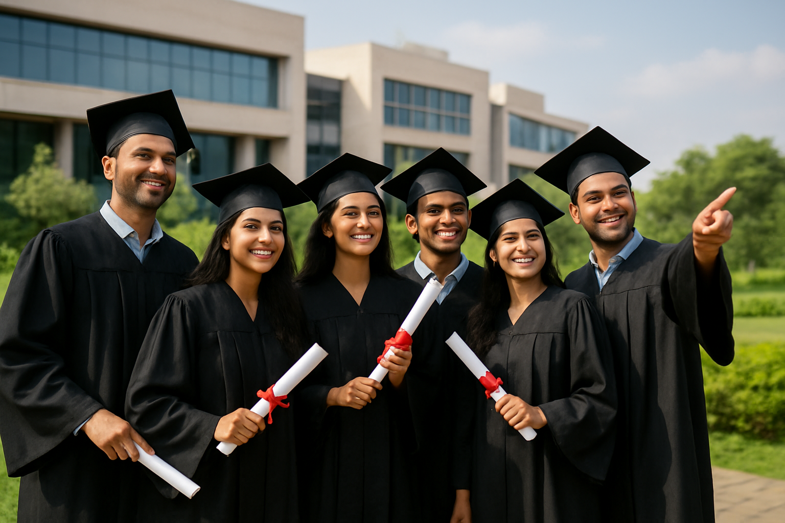 Create a realistic image of a diverse group of young Indian graduates in traditional black graduation caps and gowns celebrating their achievement, with male and female students of various Indian ethnicities holding their diplomas, standing in front of a modern Indian university campus with contemporary architecture, surrounded by lush green landscaping, under bright natural daylight with a hopeful and triumphant mood, with some graduates pointing toward a bright future horizon visible in the background, symbolizing career opportunities and success ahead, absolutely NO text should be in the scene.