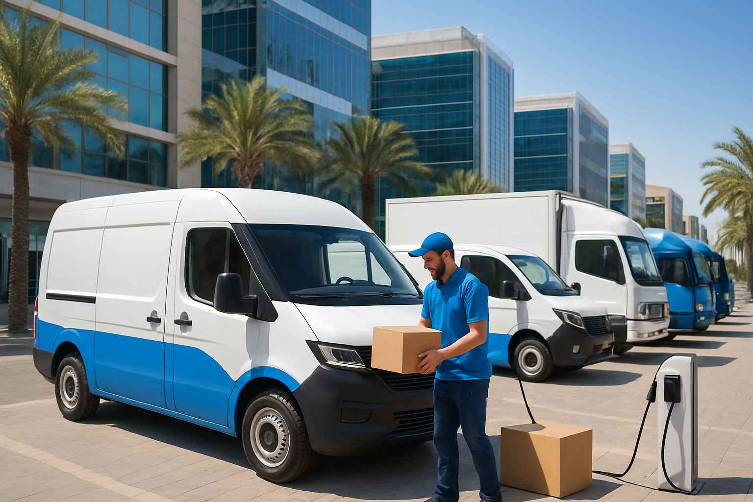 Create a realistic image of modern electric delivery vans and trucks in white and blue livery parked and actively delivering packages in a contemporary Middle Eastern urban setting with modern glass buildings and palm trees, featuring one Middle Eastern male delivery driver in uniform loading packages from an electric vehicle, bright daylight with clear blue skies, clean electric charging stations visible in the background, showcasing a bustling commercial delivery hub with sleek electric fleet vehicles, absolutely NO text should be in the scene.
