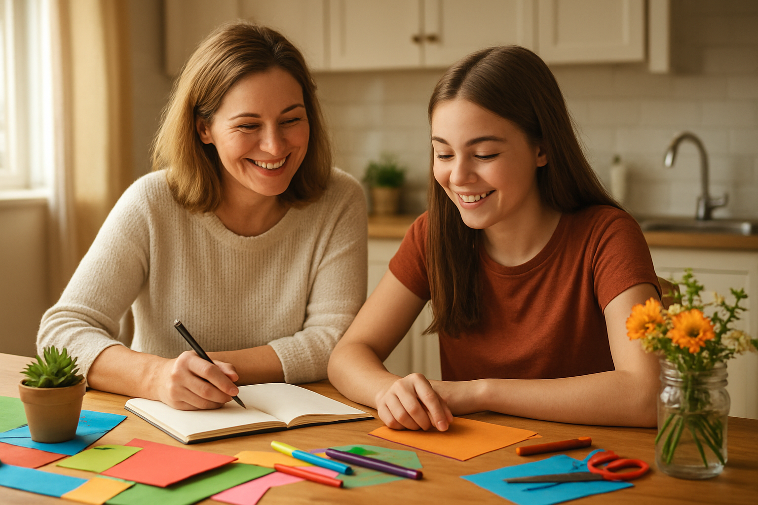 Create a realistic image of a white mother and her teenage daughter sitting together at a kitchen table with a notebook open, planning activities, with handmade craft supplies like colorful paper, scissors, and markers scattered around, a small potted plant and some fresh flowers in a mason jar on the table, warm natural lighting streaming through a window, cozy home setting with a cheerful and intimate atmosphere, both smiling and engaged in their planning session, absolutely NO text should be in the scene.