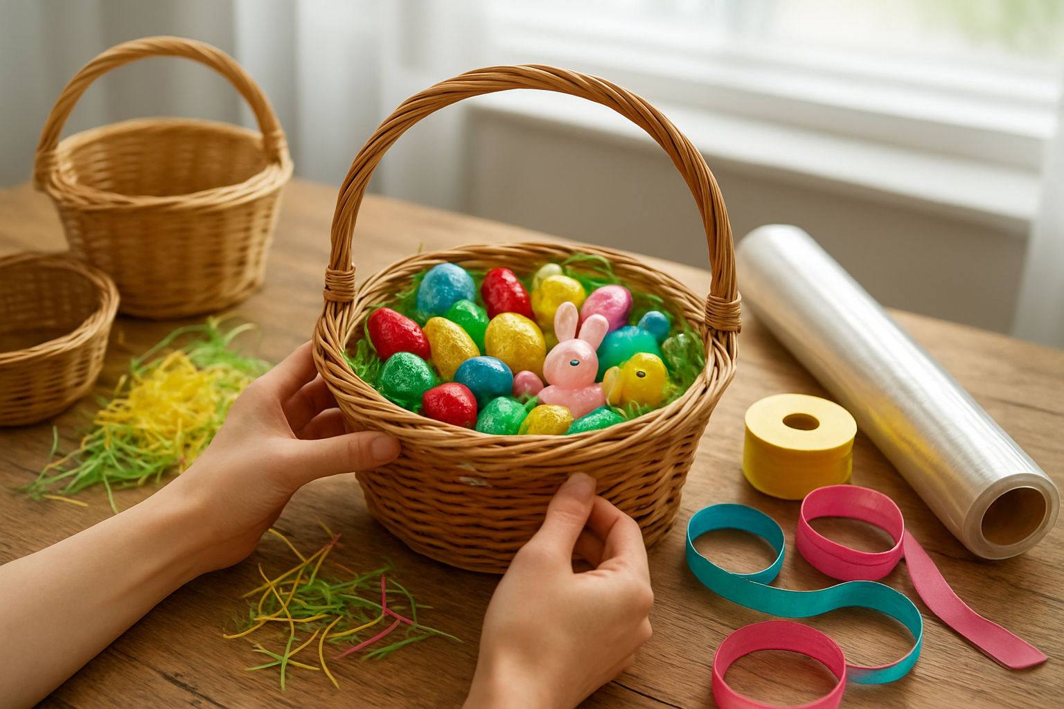 Create a realistic image of hands assembling an Easter basket on a wooden table, showing strategic layering with colorful shredded paper grass at the bottom, followed by wrapped chocolate eggs, small toys, and candy arranged in an organized manner, with additional empty baskets, rolls of cellophane wrap, and colorful ribbons scattered around the workspace, captured in bright natural lighting from a window, absolutely NO text should be in the scene.