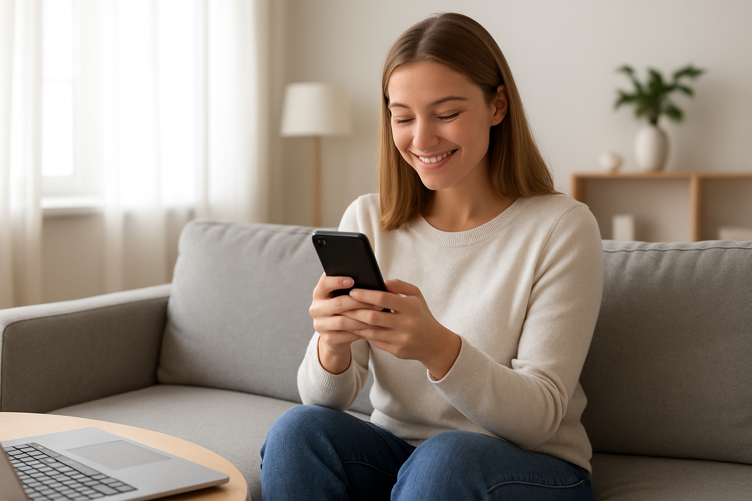 Create a realistic image of a young white female sitting comfortably on a modern couch in a bright, contemporary living room, holding a smartphone with a warm smile on her face while looking at the screen, with soft natural lighting streaming through nearby windows, creating a cozy and positive atmosphere that conveys ease and convenience of digital connection, with minimalist home decor in the background including a coffee table with a laptop partially visible, absolutely NO text should be in the scene.