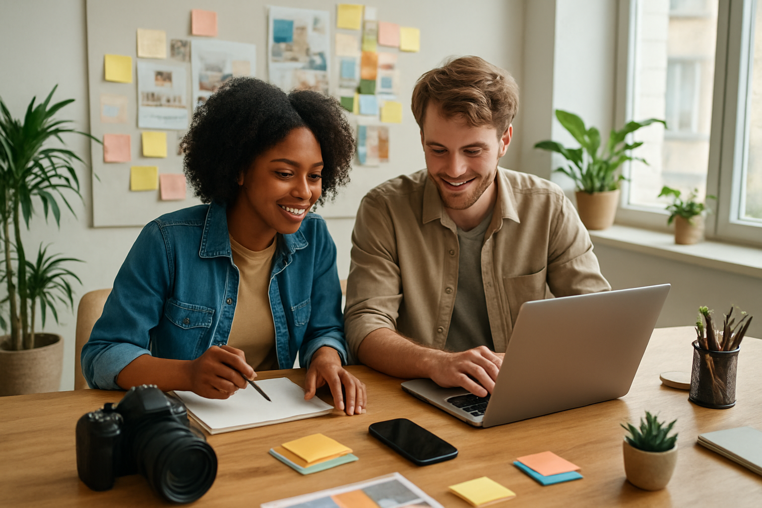Create a realistic image of a creative workspace showing content creation in progress, featuring a diverse group including a black female and white male content creator collaborating at a modern desk with laptops, smartphones, and cameras, surrounded by visual brainstorming elements like sticky notes on a wall, mood boards, and creative supplies, with fresh plants and natural lighting from a window creating an inspiring and productive atmosphere, shot from a slightly elevated angle to show the organized yet dynamic workspace, absolutely NO text should be in the scene.