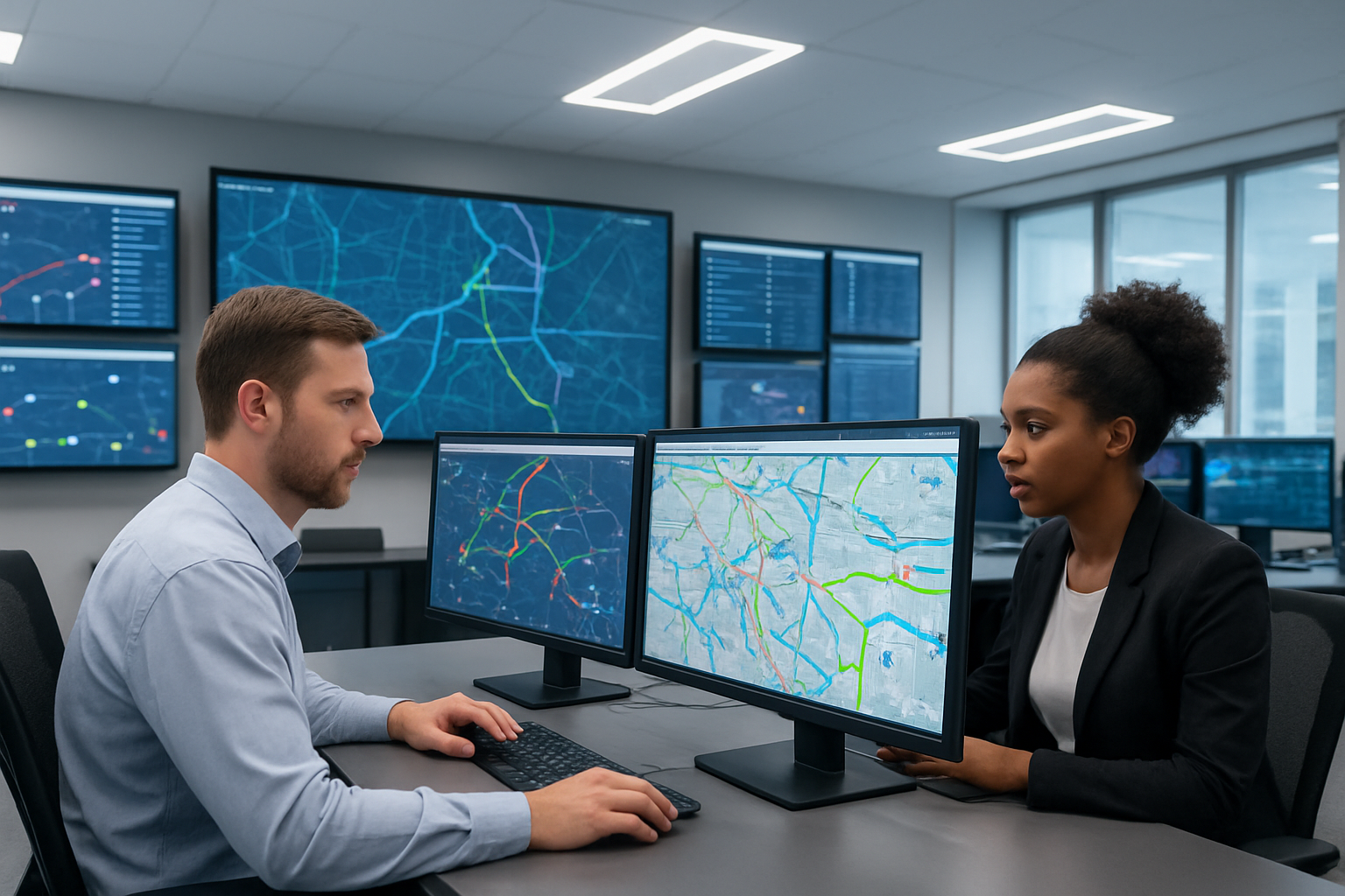 Create a realistic image of a modern logistics control center with multiple computer monitors displaying interactive route optimization maps with colored delivery paths, GPS tracking points, and warehouse locations, featuring a diverse team including a white male logistics coordinator and a black female data analyst working at workstations, surrounded by digital displays showing real-time truck locations and delivery schedules, with a clean professional office environment, bright LED lighting, and a background showing a wall-mounted large screen with a city map highlighting optimized delivery routes in blue and green lines, absolutely NO text should be in the scene.