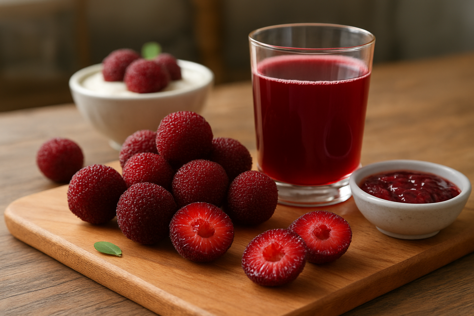 Create a realistic image of fresh Chinese bayberries (yumberries) arranged on a wooden cutting board alongside various culinary preparations including a glass of deep red yumberry juice, a small bowl of yumberry jam, fresh yumberries being used as garnish on a dessert, and a few whole fruits cut in half to show their juicy interior, with soft natural lighting highlighting the vibrant red-purple color and glossy texture of the berries, kitchen setting with blurred background, absolutely NO text should be in the scene.