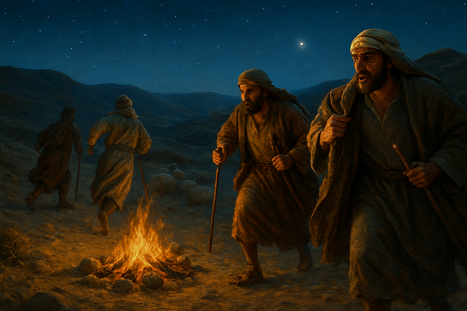 Create a realistic image of Middle Eastern male shepherds in ancient biblical clothing hurriedly leaving their nighttime campsite, with some shepherds already walking briskly toward distant Bethlehem while others are quickly gathering their cloaks and staffs, set against a starlit desert landscape with rolling hills, warm golden lighting from a campfire contrasting with cool moonlight, sheep resting peacefully in the background, conveying a sense of urgent excitement and purposeful movement, absolutely NO text should be in the scene.