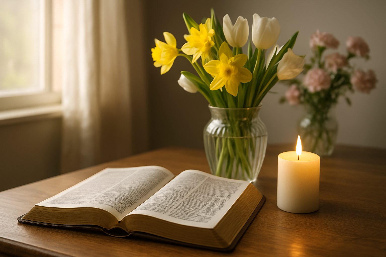 Create a realistic image of a peaceful indoor setting with an open Bible placed on a wooden table alongside fresh spring flowers in a vase, with soft natural lighting streaming through a window, a lit candle creating a warm devotional atmosphere, and subtle Mother's Day elements like pink carnations or roses in the background, capturing a serene faith-based moment perfect for devotional content, with warm and inviting lighting that suggests morning or afternoon prayer time, absolutely NO text should be in the scene.