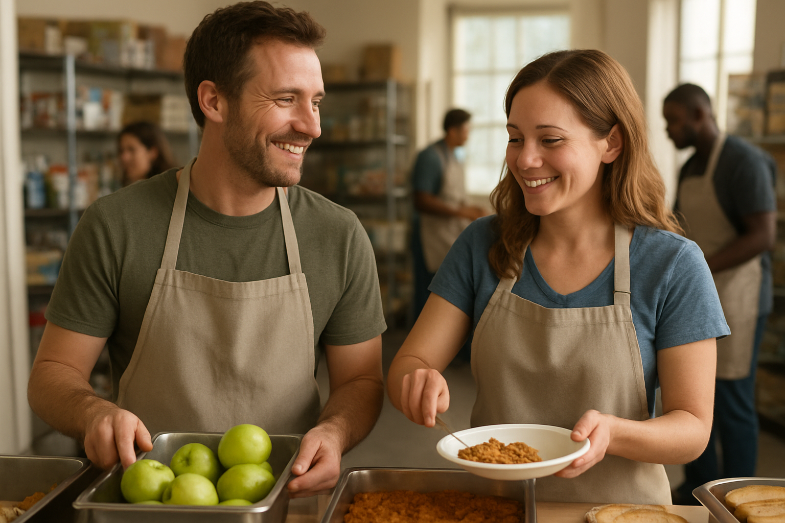 Create a realistic image of a married couple, one white male and one white female, working together at a community food bank or soup kitchen, both wearing casual volunteer clothing and aprons, sorting donations or serving meals side by side with warm smiles, surrounded by shelves of food supplies and other volunteers in the background, soft natural lighting from windows creating a welcoming community service atmosphere, showing teamwork and unity in their body language and coordinated actions, absolutely NO text should be in the scene.