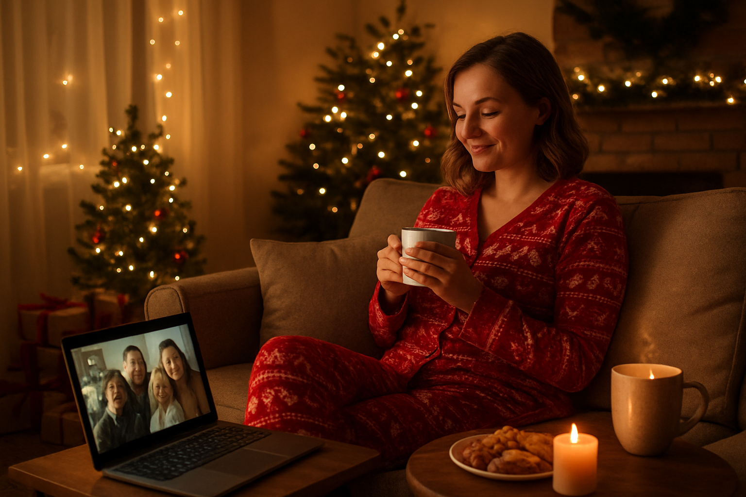 Create a realistic image of a cozy living room decorated for Christmas with a single person, a white female in her 30s, sitting comfortably on a sofa wearing festive pajamas, surrounded by warm holiday decorations including twinkling Christmas lights, a small decorated tree, wrapped gifts, a steaming mug of hot cocoa on a side table, candles creating ambient lighting, a laptop open showing a video call with smiling family members on screen, holiday treats on a nearby plate, and a peaceful, content expression on her face as she enjoys her solo Christmas celebration, with soft warm lighting creating a serene and joyful atmosphere that captures the essence of finding happiness and meaning while celebrating Christmas alone, absolutely NO text should be in the scene.