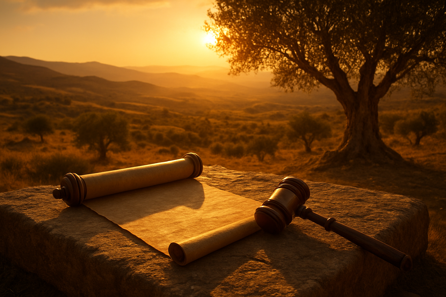 Create a realistic image of a serene ancient Middle Eastern landscape at golden hour with rolling hills and an olive tree in the foreground, featuring an open ancient scroll partially unrolled on a weathered stone surface with a wooden gavel beside it, warm sunlight filtering through the scene creating long shadows, conveying wisdom, leadership, and biblical heritage through earthy tones of gold, amber, and deep browns, with a peaceful yet empowering atmosphere that suggests triumph over challenges and the legacy of wise decision-making, absolutely NO text should be in the scene.