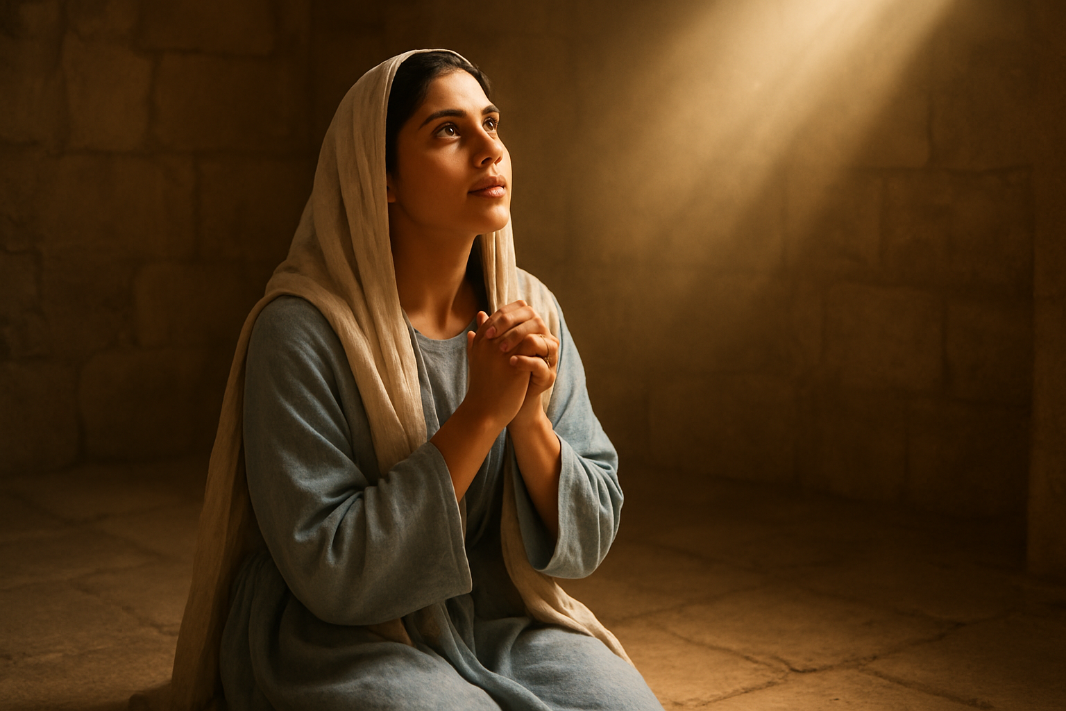 Create a realistic image of a young Middle Eastern woman with olive skin and dark hair, wearing modest biblical-era robes in soft blue and white colors, kneeling in prayer with her hands clasped and eyes looking upward toward a soft golden divine light streaming down from above, set in a simple stone room with warm, peaceful lighting creating a serene and reverent atmosphere that conveys spiritual calling and divine selection, with gentle shadows and a sense of holy presence filling the space, absolutely NO text should be in the scene.