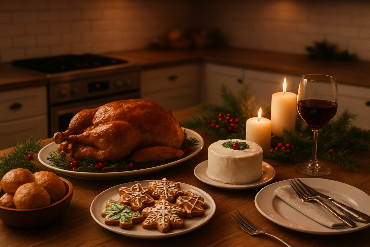 Create a realistic image of a cozy kitchen counter with freshly prepared Christmas holiday treats and meals, featuring a roasted turkey or chicken on a platter garnished with herbs, homemade cookies decorated with festive icing, a small Christmas cake, warm bread rolls, candles creating soft ambient lighting, pine branches and red berries as natural decorations, elegant dinnerware set for one person, a glass of wine, warm golden lighting from overhead fixtures, and a festive yet intimate atmosphere perfect for a solo holiday celebration, absolutely NO text should be in the scene.
