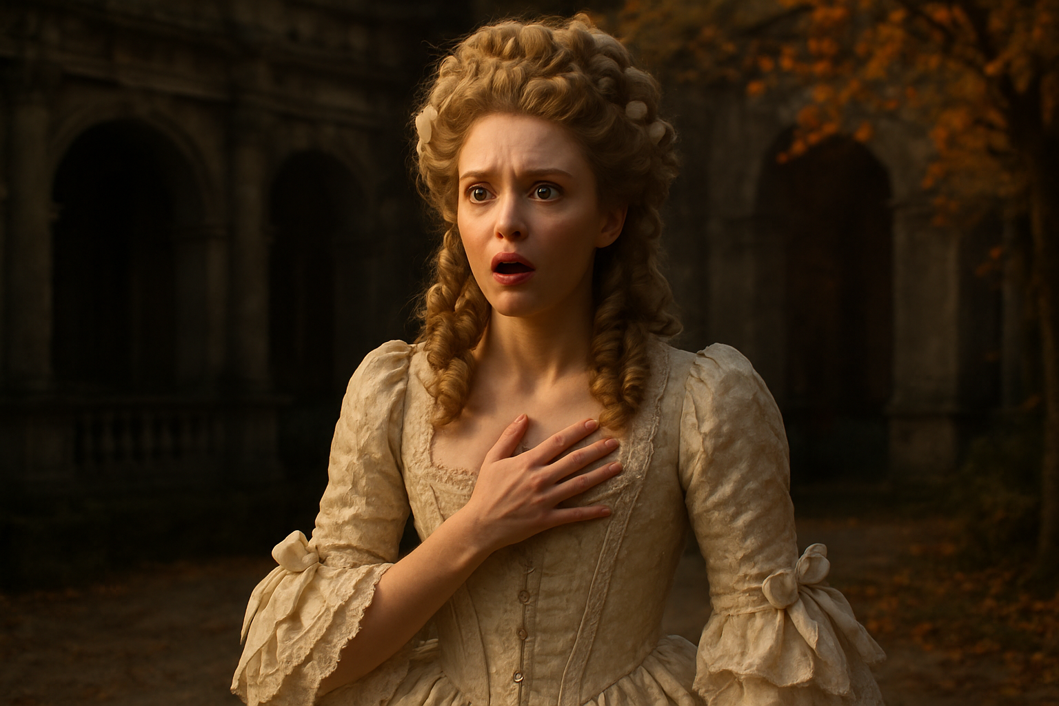 Create a realistic image of a white female character in 17th century French aristocratic dress with elaborate curls and ribbons, her face showing intense emotional shock and realization with wide eyes, slightly open mouth, and a hand pressed to her chest, standing in a dimly lit baroque garden or courtyard with stone architecture and autumn foliage in the background, soft golden hour lighting creating dramatic shadows that emphasize her emotional state, the atmosphere conveying a moment of profound revelation and heartbreak. Absolutely NO text should be in the scene.