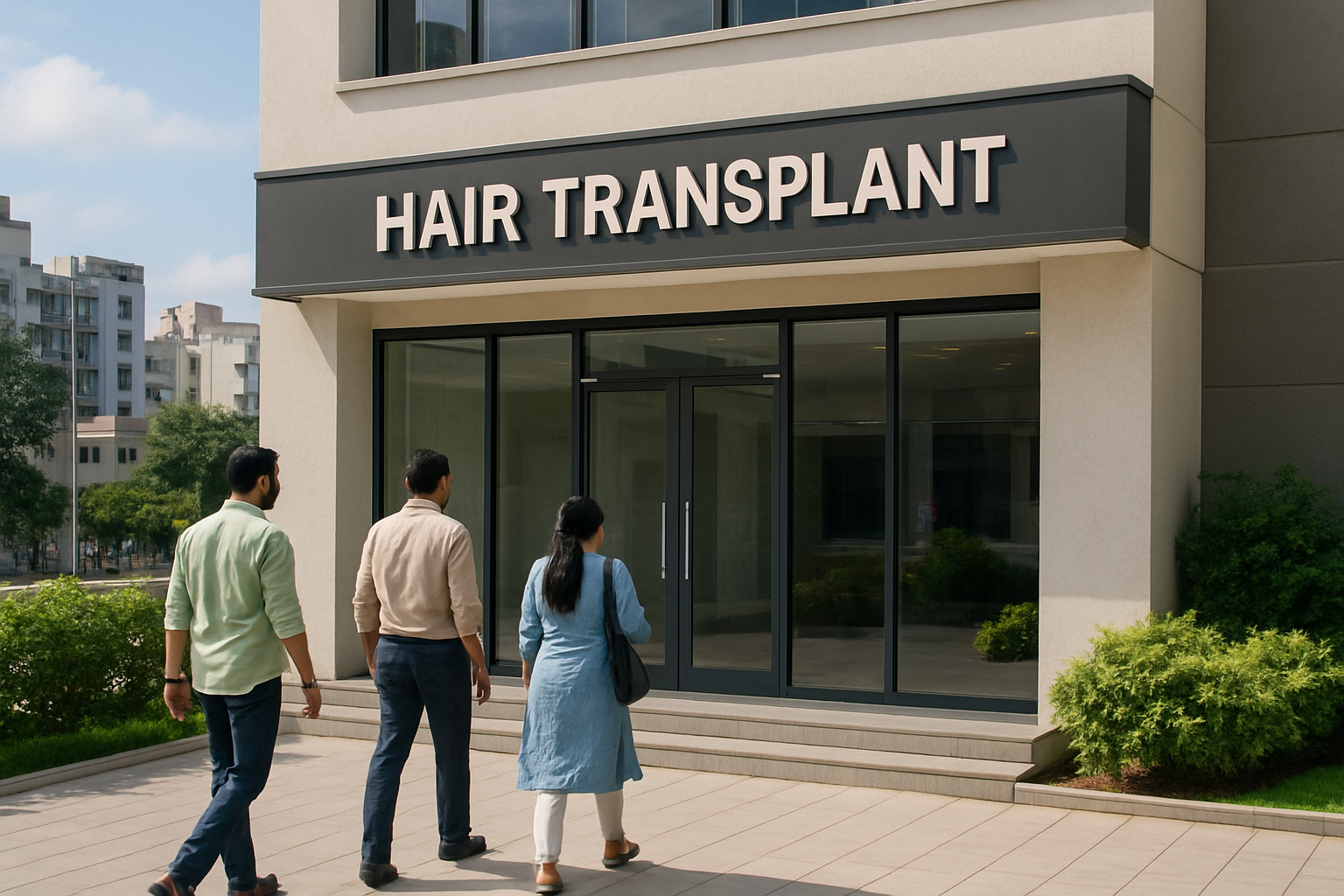 Create a realistic image of a modern hair transplant clinic in Bangalore showing the exterior building facade with professional signage, a well-maintained entrance with glass doors, urban Indian cityscape in the background, clean and inviting atmosphere with some greenery around the building, bright daylight lighting, and a few South Asian male and female patients walking towards the clinic entrance, conveying trust and professionalism in the healthcare setting, absolutely NO text should be in the scene.
