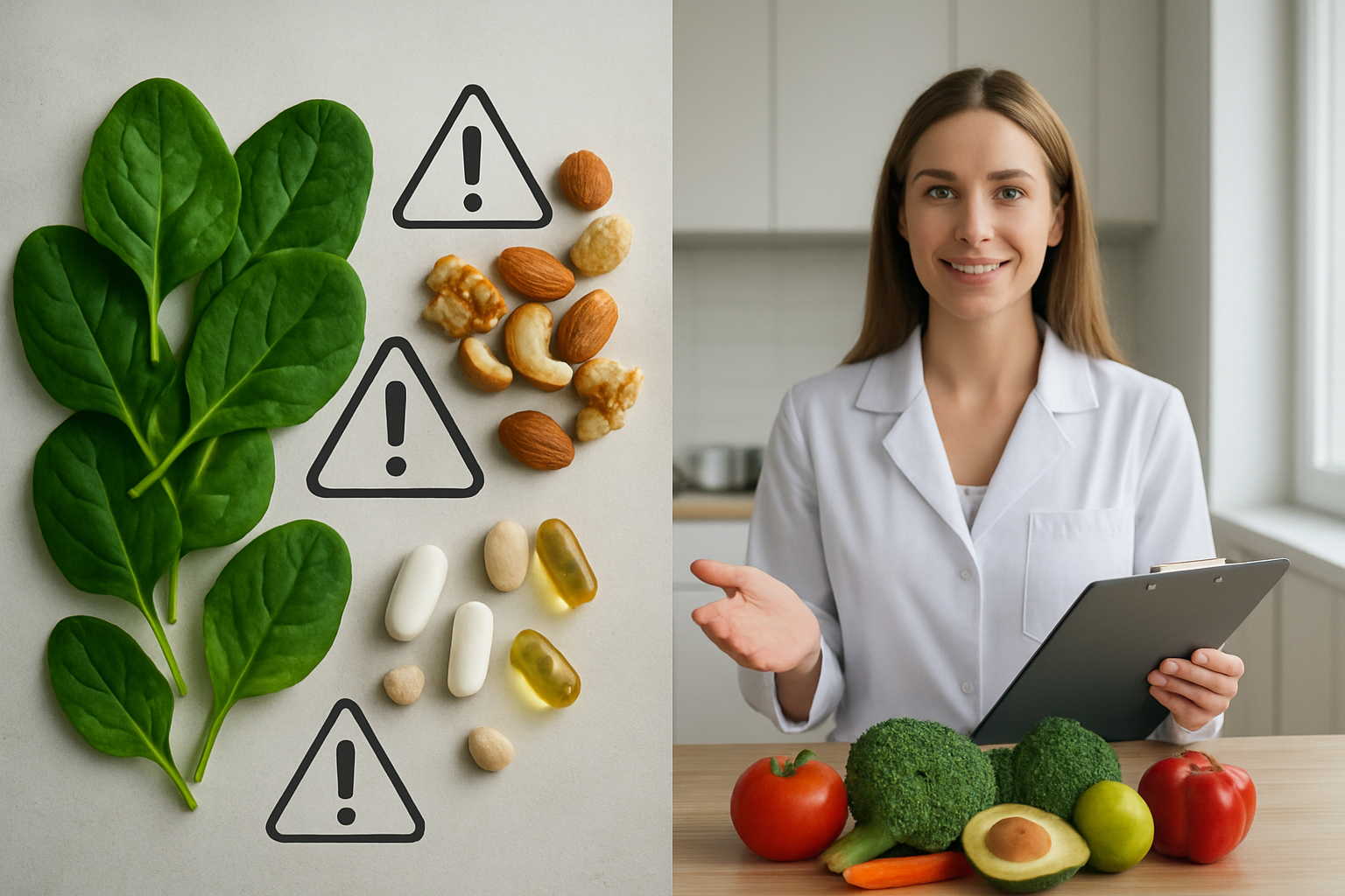 Create a realistic image of a balanced split-screen composition showing healthy foods like spinach leaves, nuts, and supplements on the left side with subtle warning symbols or caution indicators, transitioning to a serene right side featuring a white female nutritionist in her 30s holding a clipboard and gesturing toward fresh, properly portioned vegetables and fruits arranged on a clean wooden table, with soft natural lighting from a window, conveying a mood of informed awareness and balanced approach to healthy eating, set in a modern kitchen environment with clean lines and neutral colors. Absolutely NO text should be in the scene.