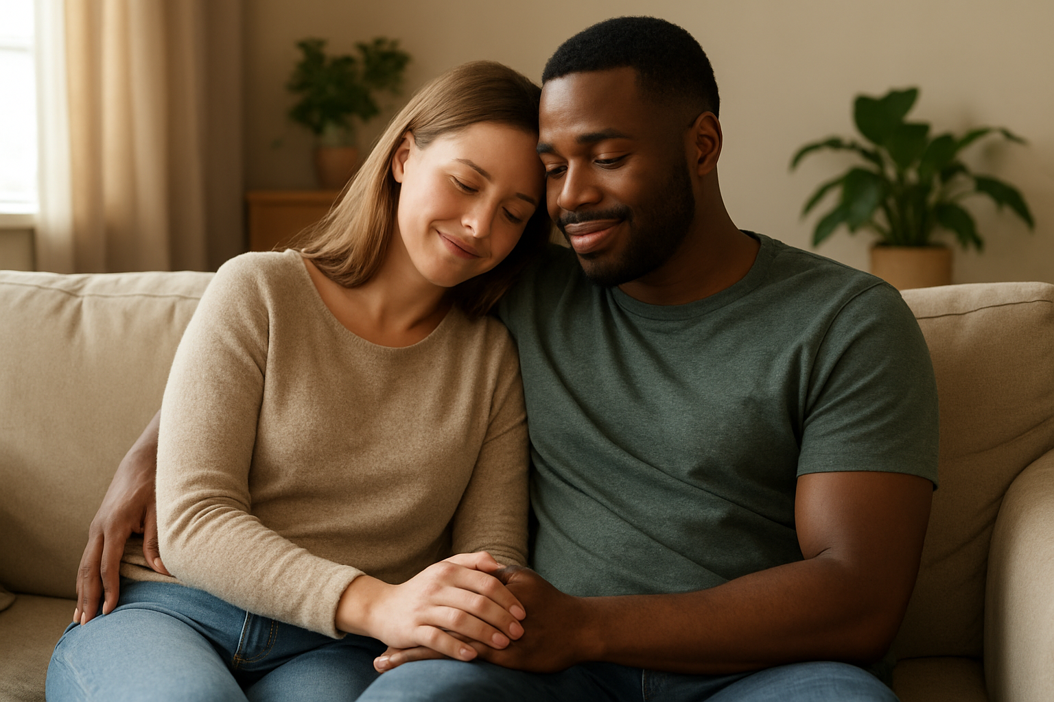 Create a realistic image of a diverse couple sitting close together on a comfortable beige sofa, with a white woman and black man holding hands while she gently rests her head on his shoulder, both wearing casual clothing and soft smiles, in a warm living room setting with soft natural lighting from a nearby window, plants in the background, and a cozy atmosphere that conveys comfort and emotional connection through gentle physical contact, absolutely NO text should be in the scene.