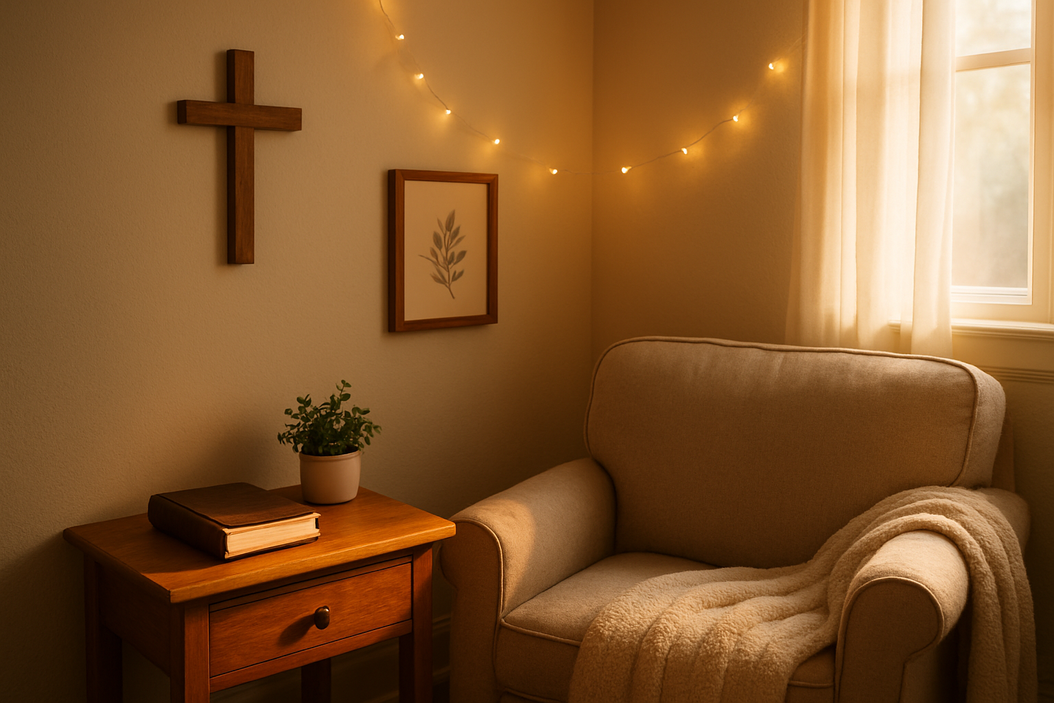 Create a realistic image of a cozy young adult's bedroom corner featuring Christian home decor items including a wooden cross mounted on the wall, a small prayer journal and Bible on a nightstand, soft string lights creating warm ambient lighting, a comfortable reading chair with a soft throw blanket, a small potted plant, and a framed inspirational quote artwork, with natural sunlight streaming through a nearby window creating a peaceful and sacred atmosphere, shot in warm golden hour lighting. Absolutely NO text should be in the scene.